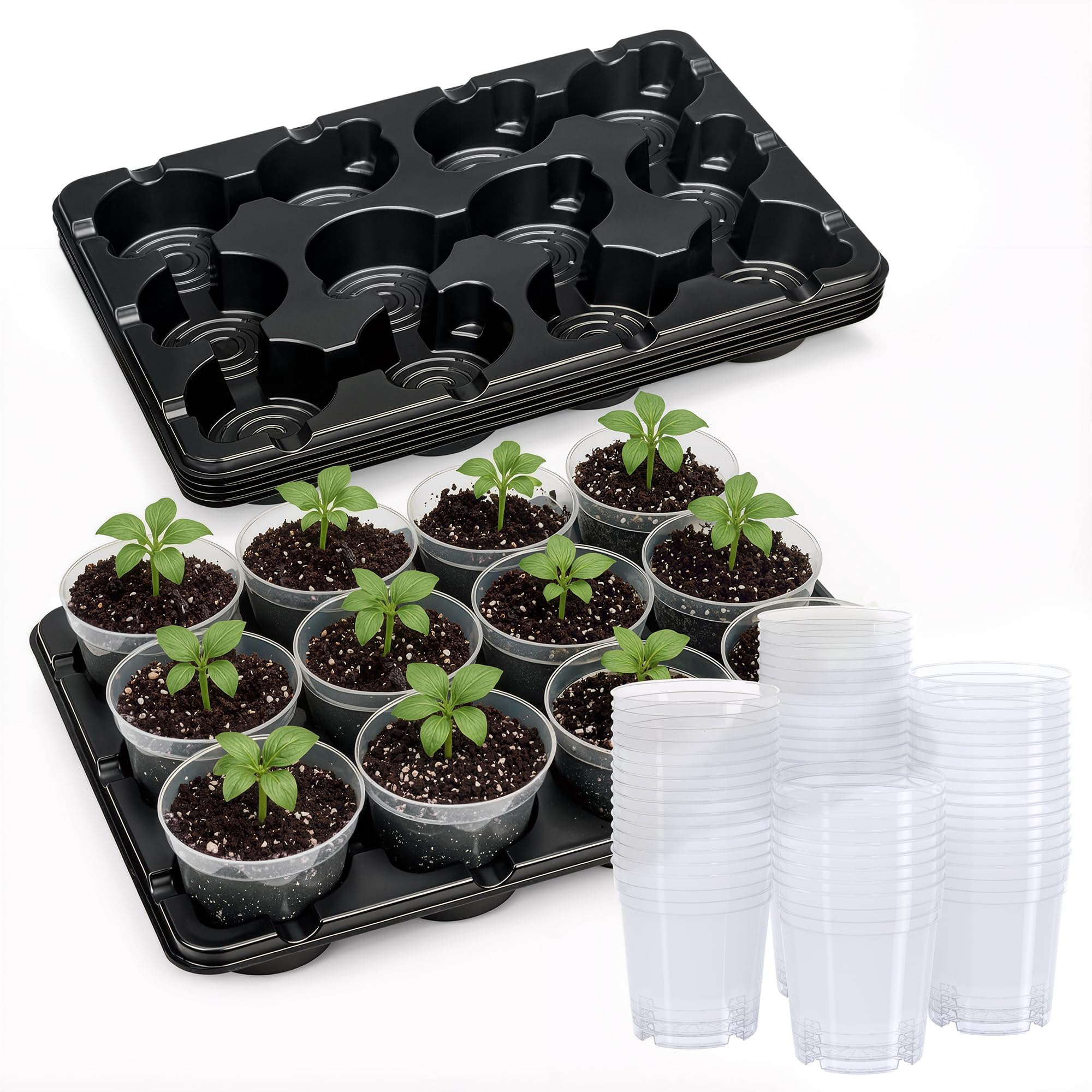 4 Pack 20 Cell Seed Starting Trays with 4 Vented Humidity Domes | Compatible with standard 3 inch nursery pots. Thick reusable trays have deep cells, raised bases and adjustable dome vents.