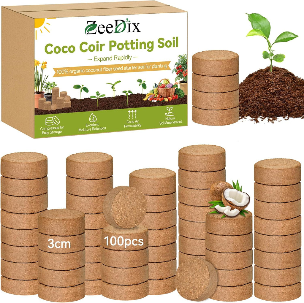 100 Pack 30mm Organic Coco Coir Pellets Seed Starter Soil | Low EC, pH Balance, Potting Soil Mix, Indoor Outdoor Plants, Herbs Houseplants Bonsai Vegetables Flowers