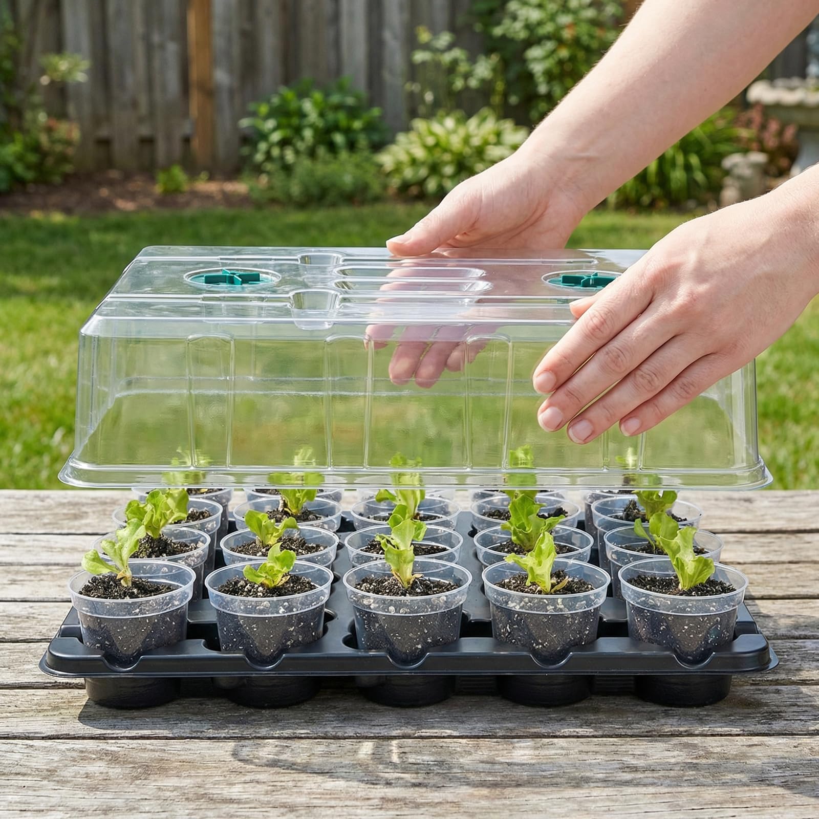 4 Pack 20 Cell Seed Starting Trays with 4 Vented Humidity Domes | Compatible with standard 3 inch nursery pots. Thick reusable trays have deep cells, raised bases and adjustable dome vents.