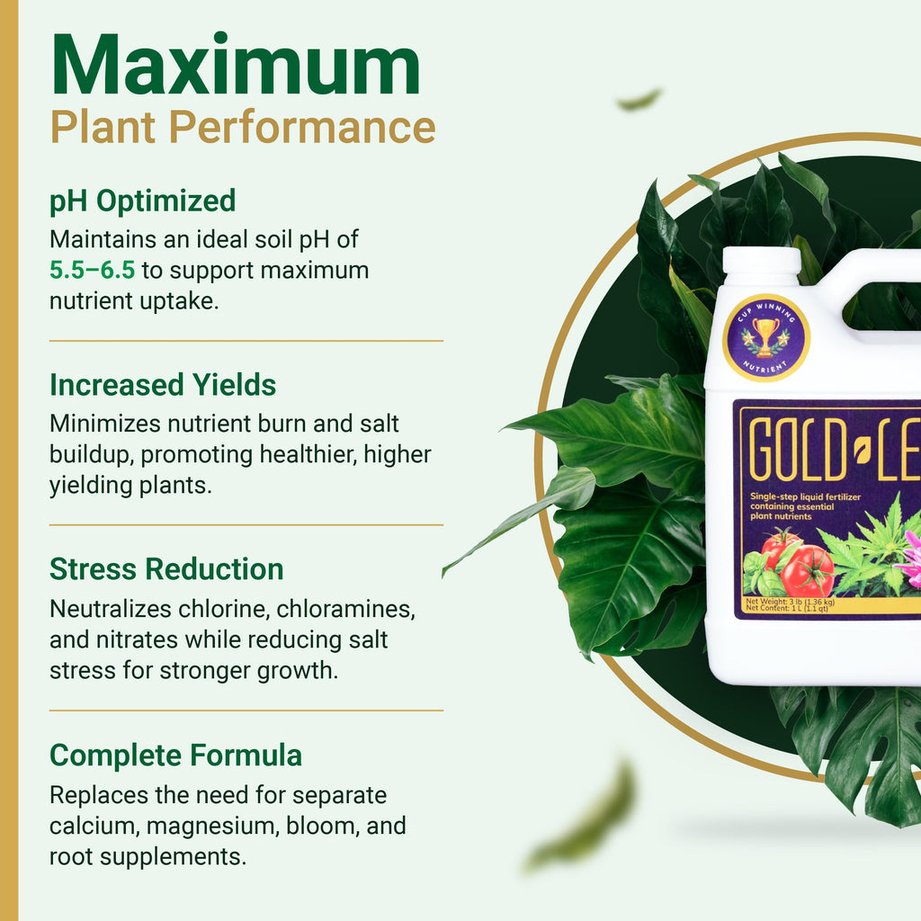 16.9 fl oz (500ml) Gold Leaf All-in-One Liquid Fertilizer | pH Balanced, Dechlorinates, No Additives Needed | Soil, Hydroponics, Coco | Complete Plant Food | Indoor & Outdoor, Tomatoes & Houseplants