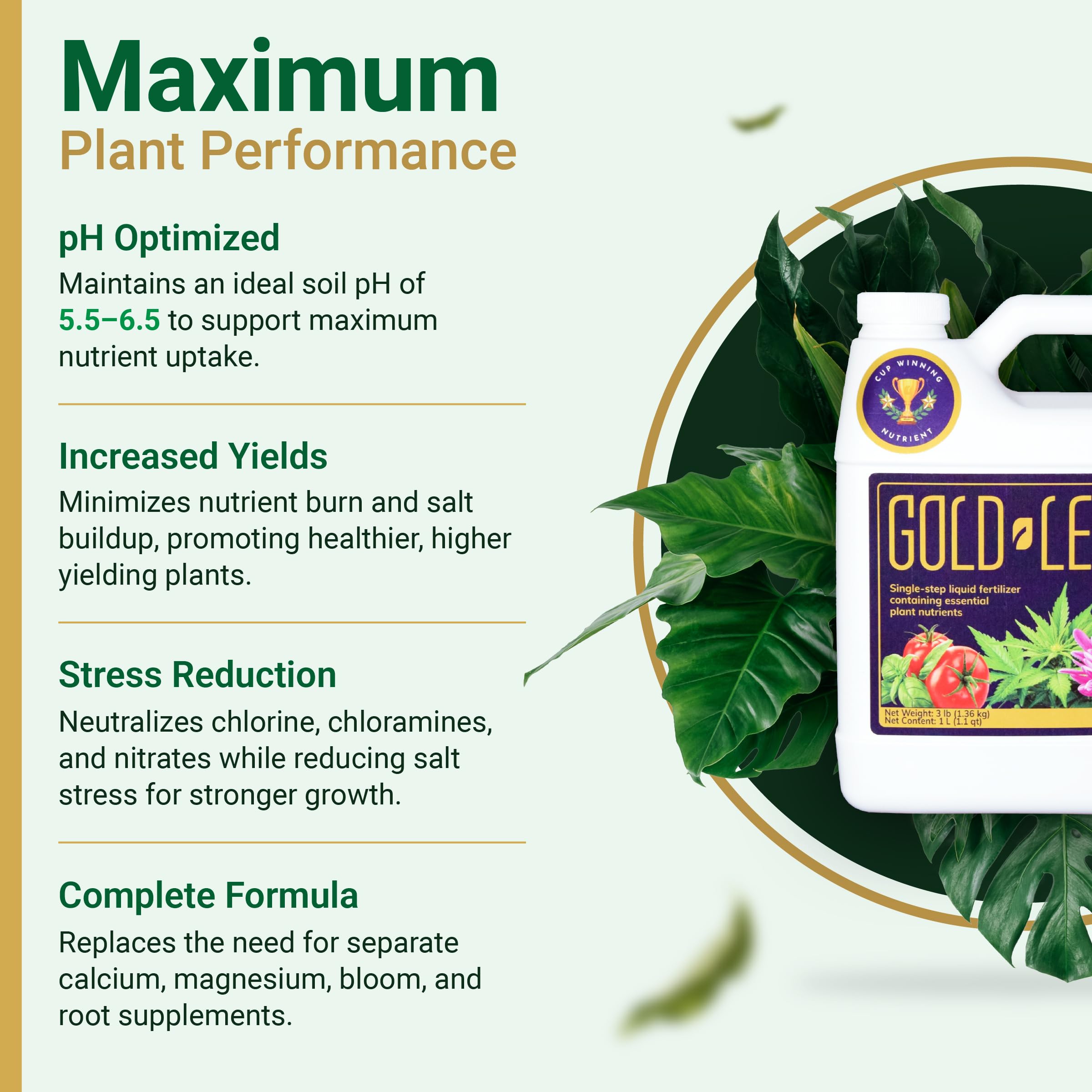 16.9 fl oz (500ml) Gold Leaf All-in-One Liquid Fertilizer | pH Balanced, Dechlorinates, No Additives Needed | Soil, Hydroponics, Coco | Complete Plant Food | Indoor & Outdoor, Tomatoes & Houseplants