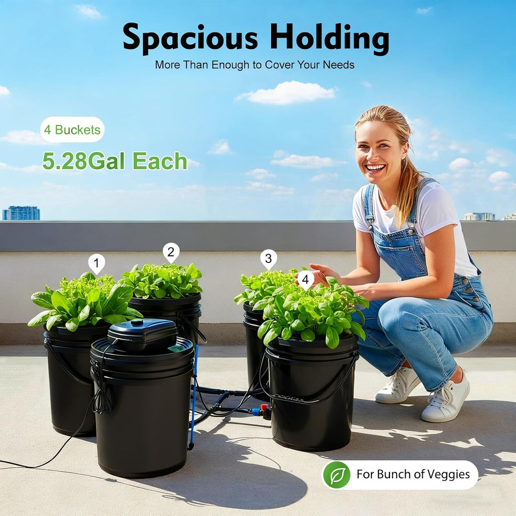 Hydroponics Growing System,4 Bucket DWC Hydroponic Kit with 12W Air Pump & 5.28Gal Capacity,Complete Indoor Gardening System for Vegetables,Herbs, Home Garden,Weed Growing Kit