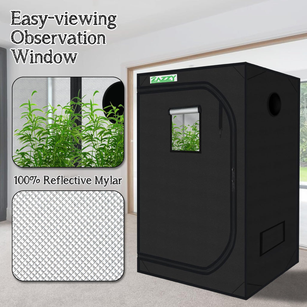 zazzy 3'X3' Grow Tent 32"x32"x63", High Reflective Mylar Growing Tent | Observation Window, Removable Floor Tray and Tool Bag for Planting Indoor Fruit Flower Veg