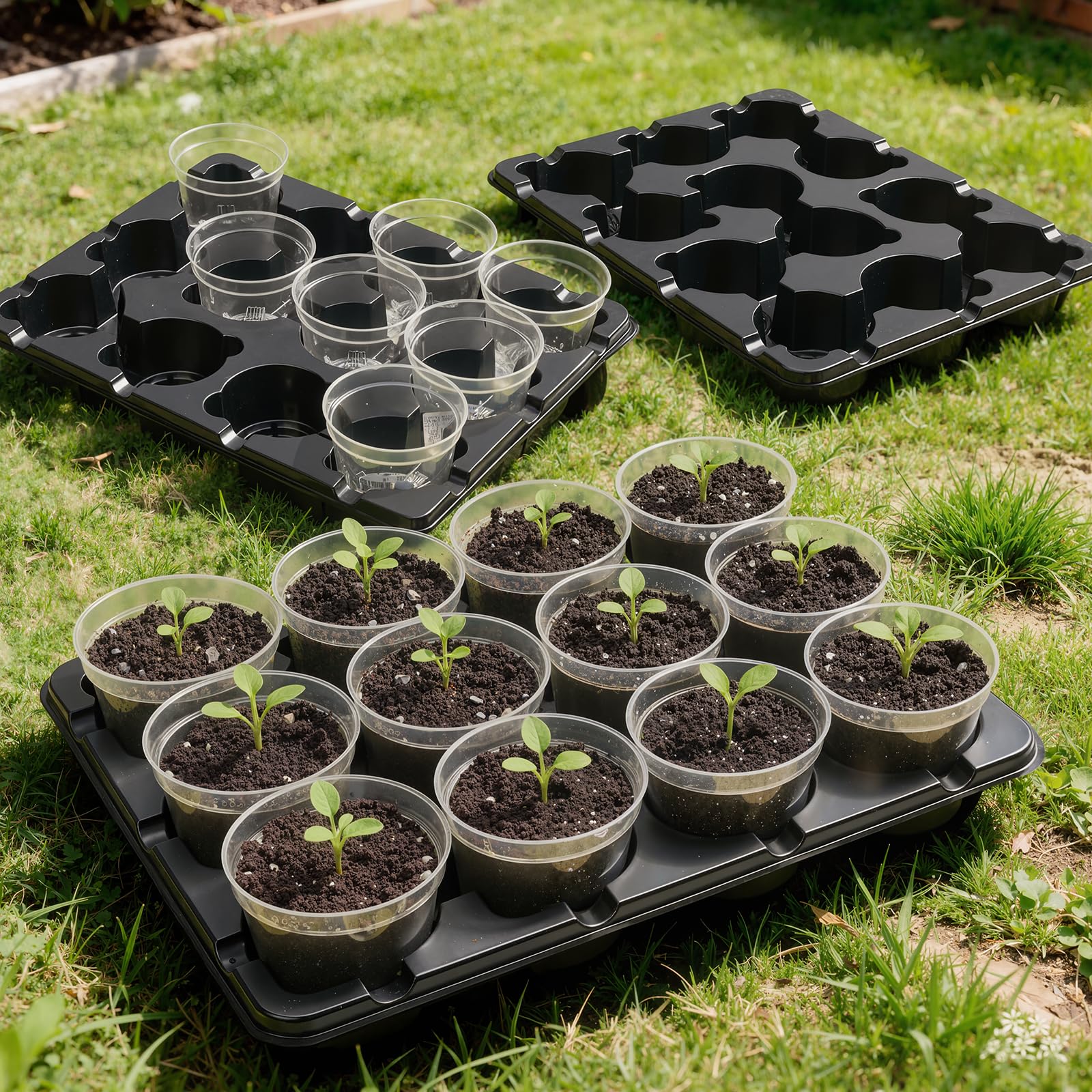 4 Pack 20 Cell Seed Starting Trays with 4 Vented Humidity Domes | Compatible with standard 3 inch nursery pots. Thick reusable trays have deep cells, raised bases and adjustable dome vents.