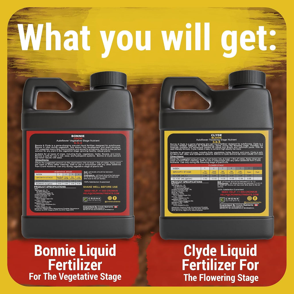 Cronk Nutrients Bonnie and Clyde Autoflower Plant Food - Kit, 500 mL | Liquid Fertilizer for Vegetative, Flowering Stage - Packed with Micronutrients to Support Plant Growth
