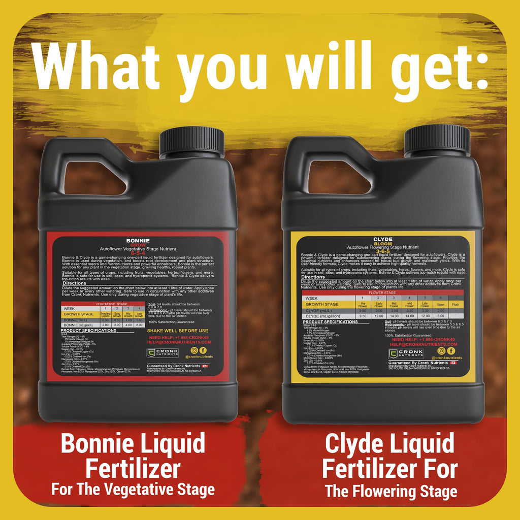 Cronk Nutrients Bonnie and Clyde Autoflower Plant Food - Kit, 500 mL | Liquid Fertilizer for Vegetative, Flowering Stage - Packed with Micronutrients to Support Plant Growth