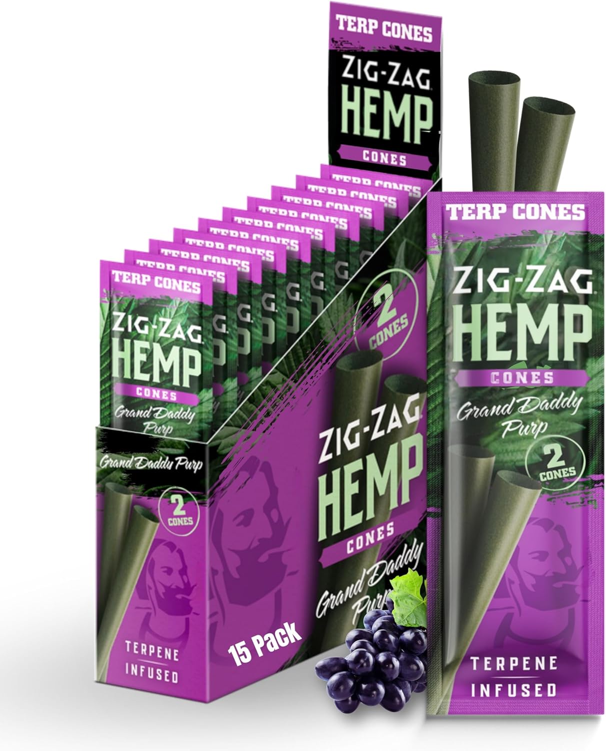 ZIG-ZAG Natural Infused Hemp Cones - Grand Daddy Purp - Pre Rolled - 15 Packs (2 Cones/Pack) - Convenient & Consistent - Prerolled