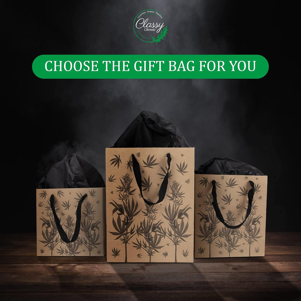 Cannabis Gift Bags – 3-Pack Weed Gift Bags with Tissue Paper – Marijuana Themed 420 Party Bags, Kraft Paper with Cotton Handles, Botanical Leaf Design – Stoner Birthday Gift or Cannabis Gift Wrap