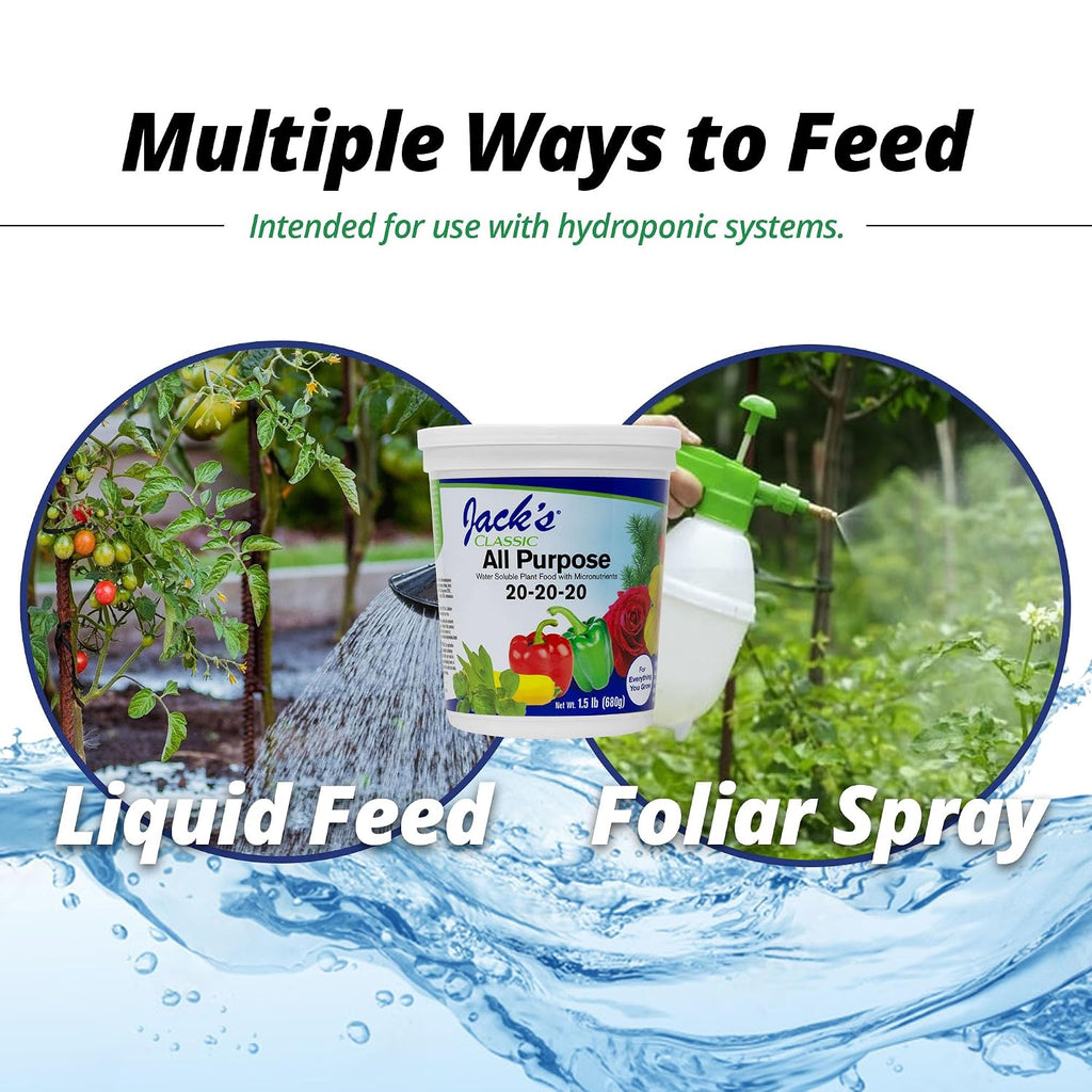 Jack's Classic All Purpose 20-20-20 Water Soluble Plant Food (1.5lbs) | Powdered, Targeted Micronutrient Package, Promotes Growth, Green-Up, and Leaf Expansion on All Indoor and Outdoor Plants