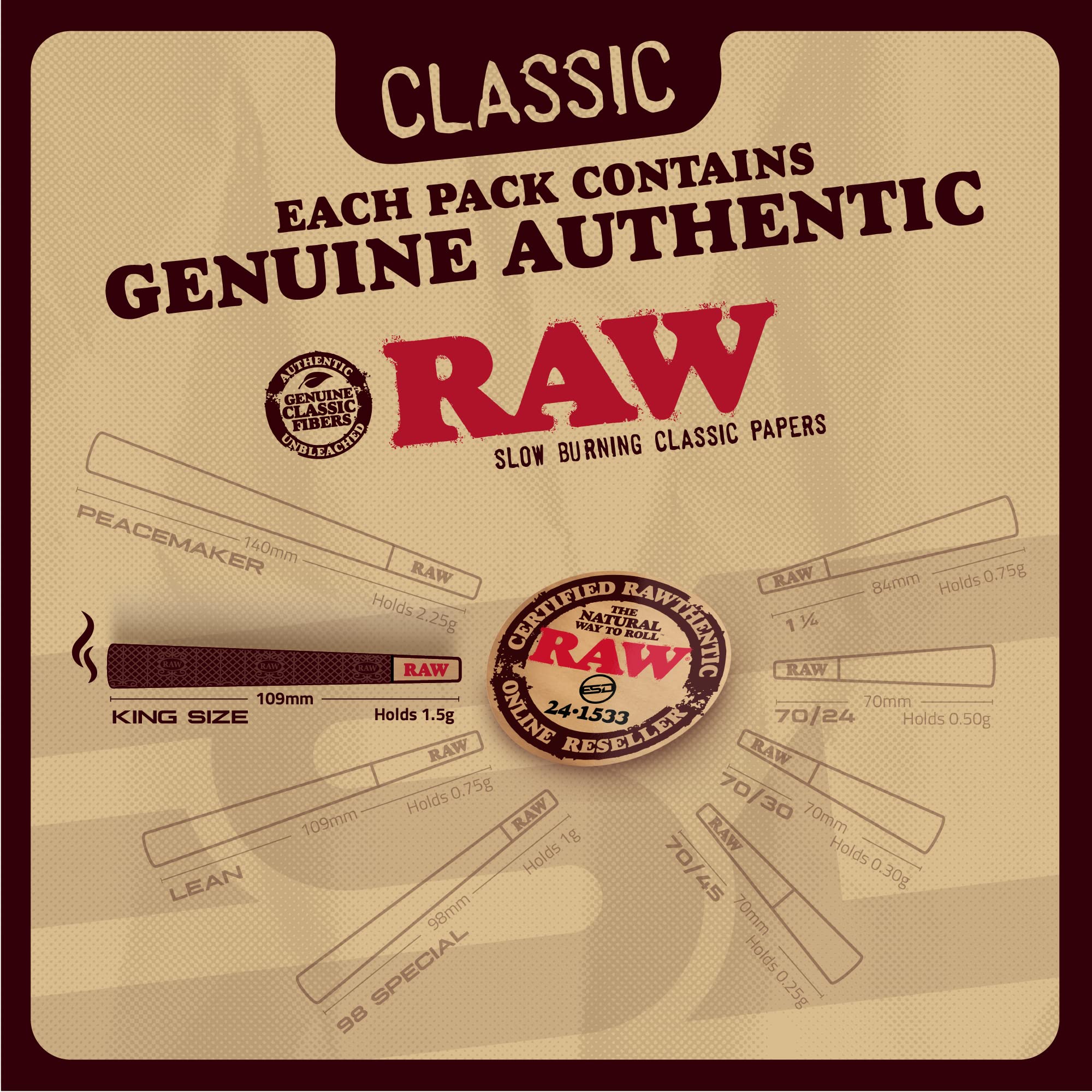 RAW Cones Classic King Size - 50 Pack - Slow Burning Pre Rolled Cones made of Paper with Tips & Packing Tubes Included