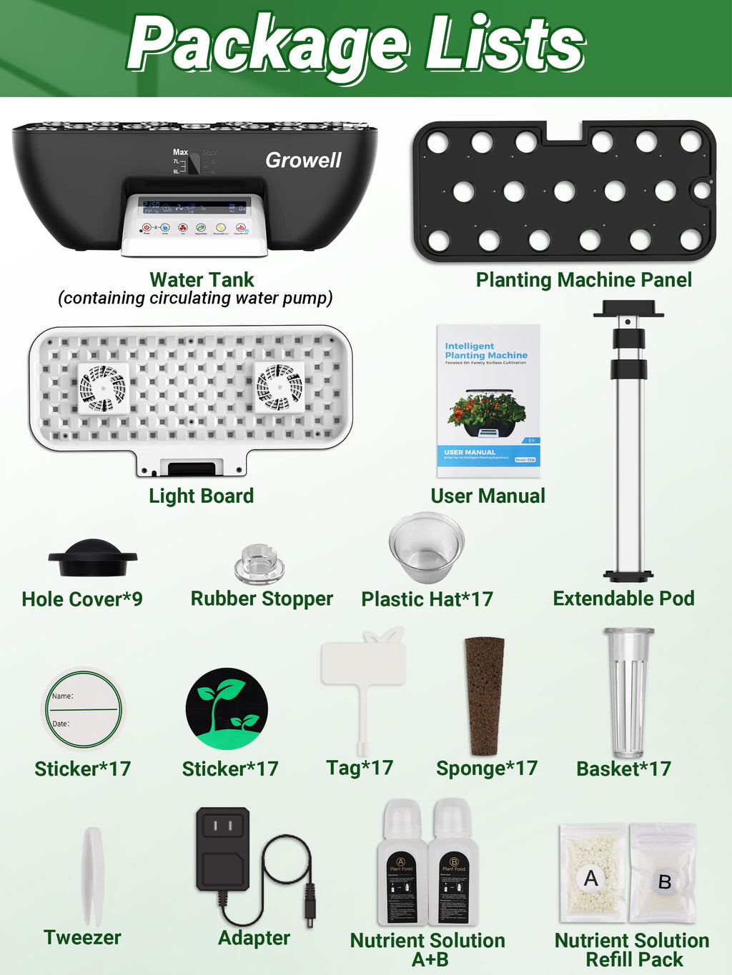 Growell Hydroponics Growing System Kit, 17 Pods Herb Garden with 102 28W Full-Spectrum Grow Lights & 2 Fans, Indoor Garden with Water Pump, 10L Water Tank, Auto Timer, Height Adjustable (Black & Grey)