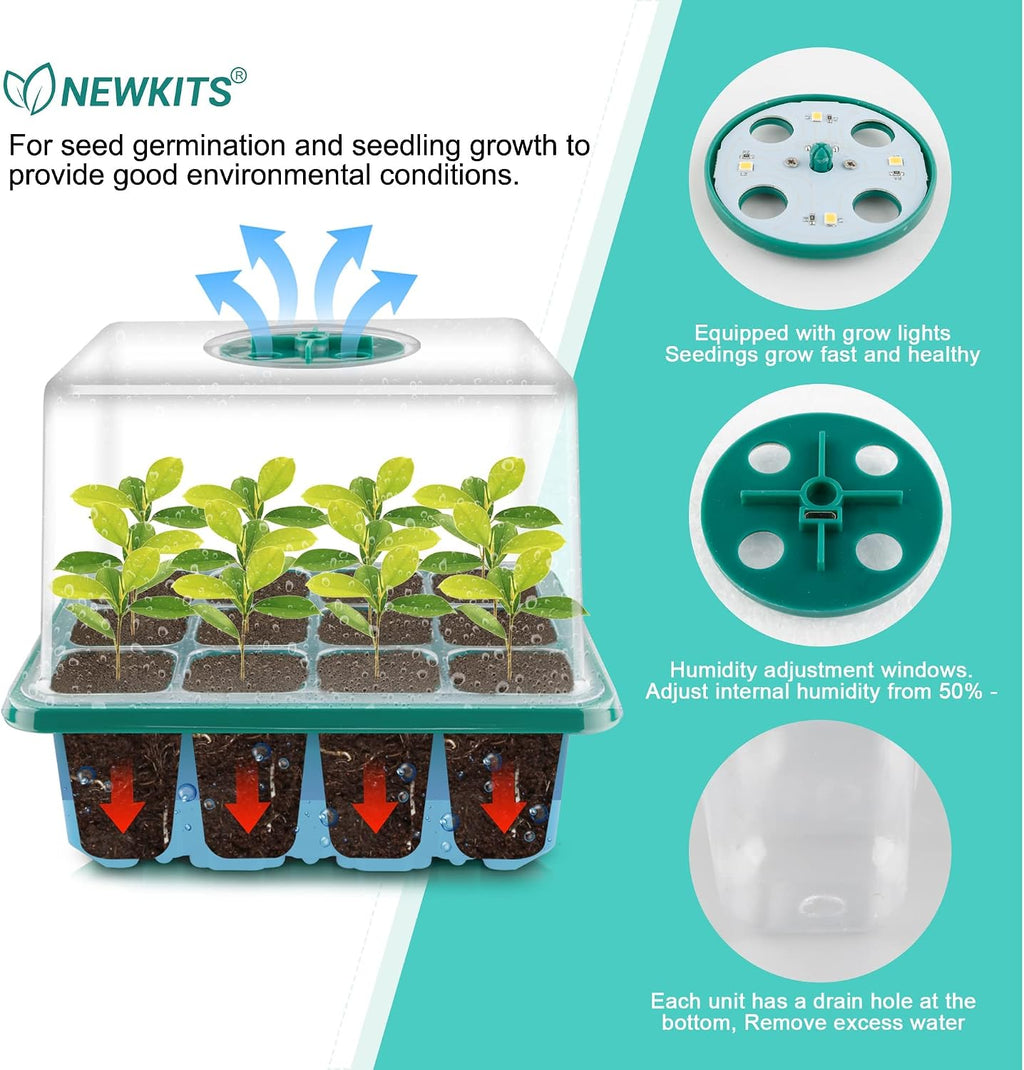 Seed Starter Tray with Grow Light, Seed Starter Kit, Plant Germination Starting Trays with Humidity Dome and Base for Greenhouse Grow Wheatgrass Hydroponic(12 Cells per Tray)