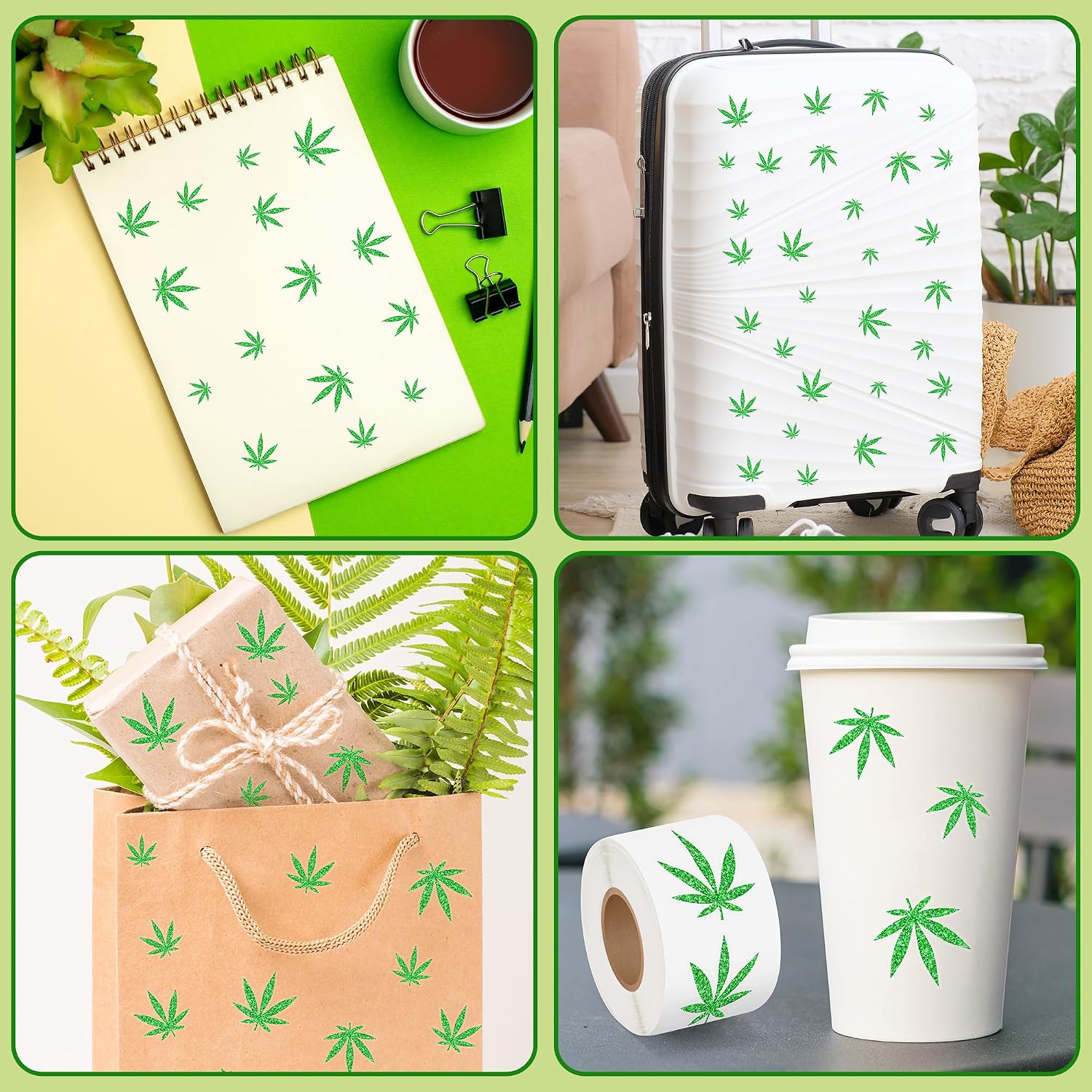 Weed Marijuana Stickers for Adult - 1 Roll 1000pcs Green Weed Decal Decorations, Cute Leaf Vinyl Sticker Label for Laptop Water Bottle Car Luggage Skateboard Party Decor Gift (Green)