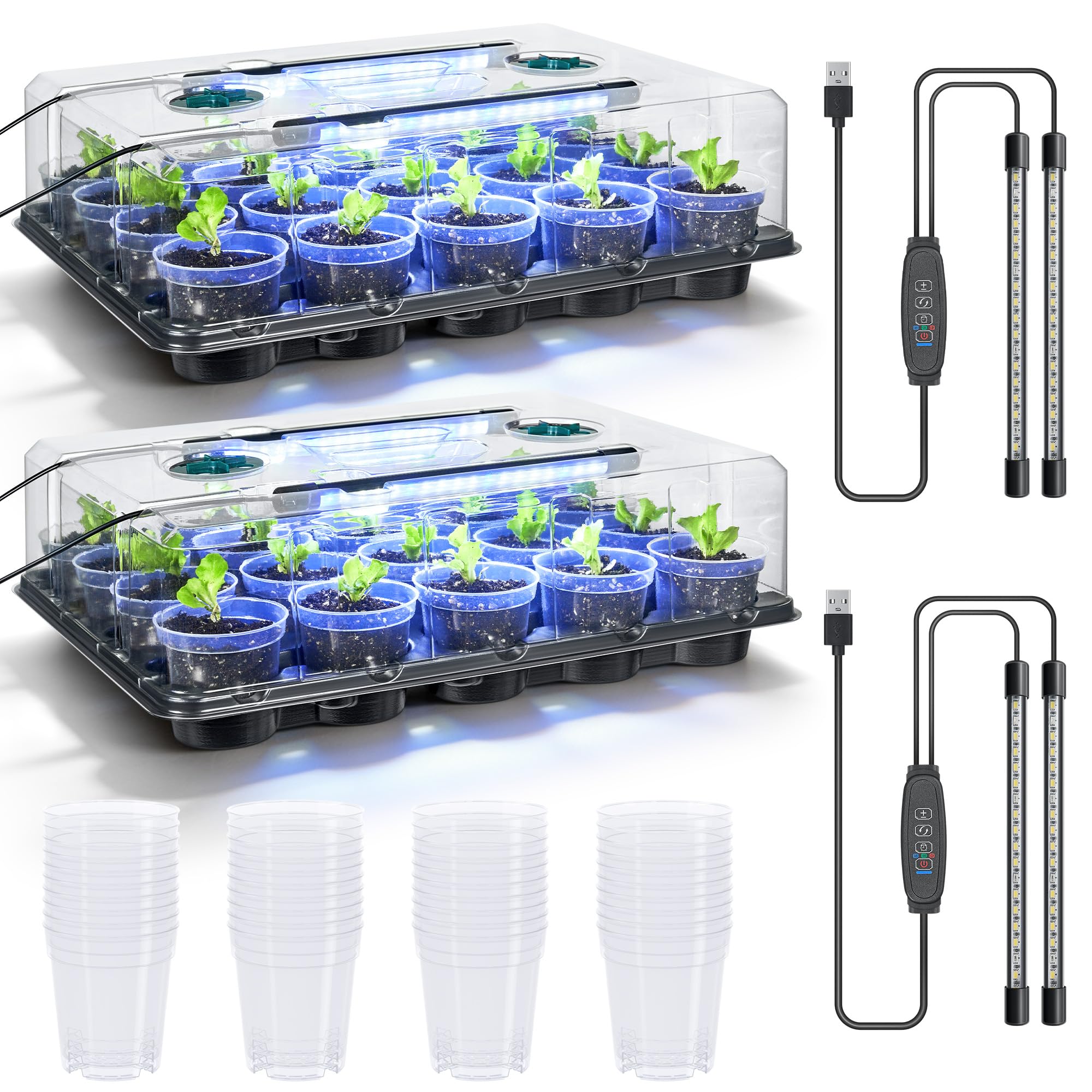 4 Pack 20 Cell Seed Starting Trays with 4 Vented Humidity Domes | Compatible with standard 3 inch nursery pots. Thick reusable trays have deep cells, raised bases and adjustable dome vents.