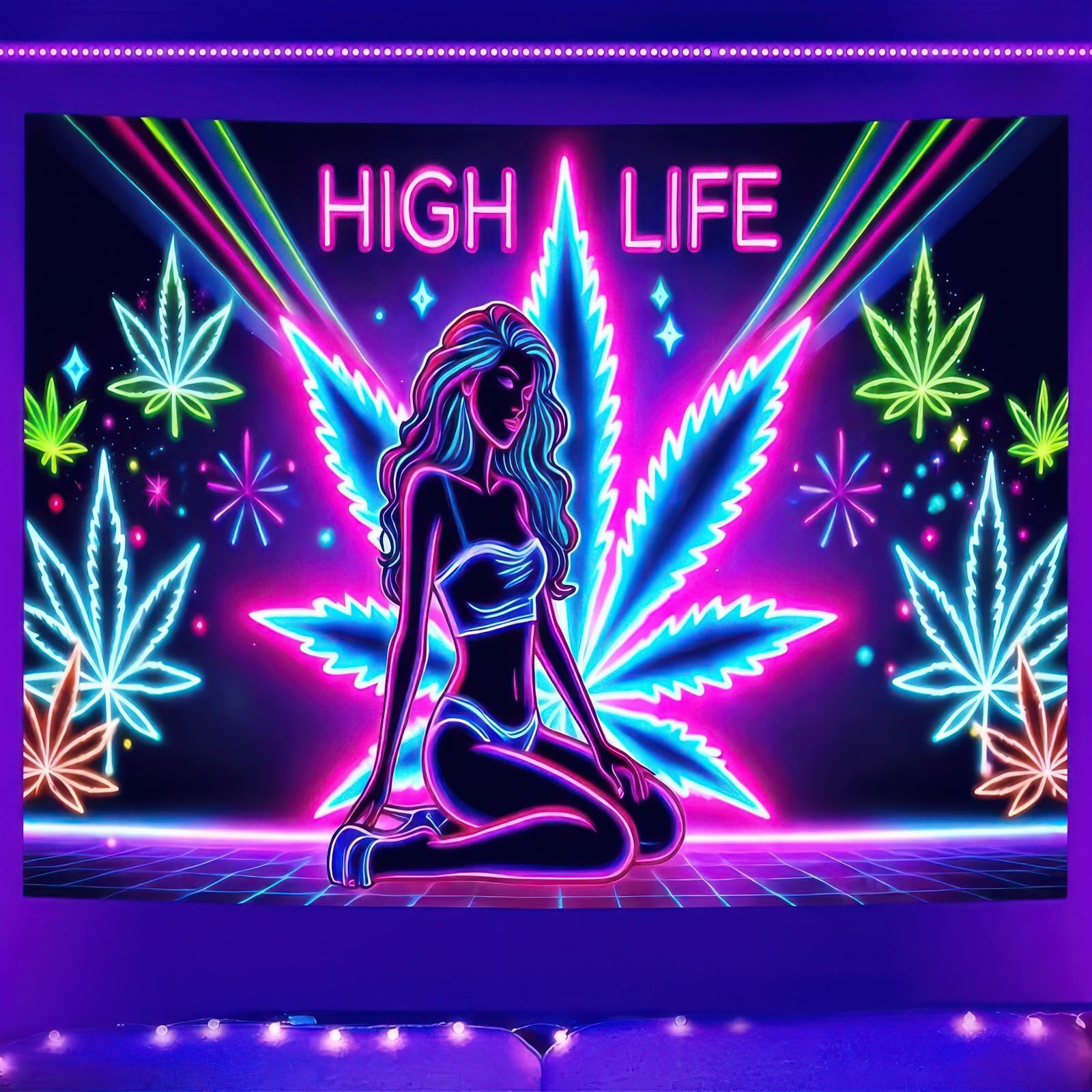 BlissYard Blacklight Tapestry Cannabis Leaf Bedroom Decor 78 x 59 Inch | Cannabis Leaf UV Wall Hanging Smoking Neon Backdrop for Bedroom Party Dorm Style