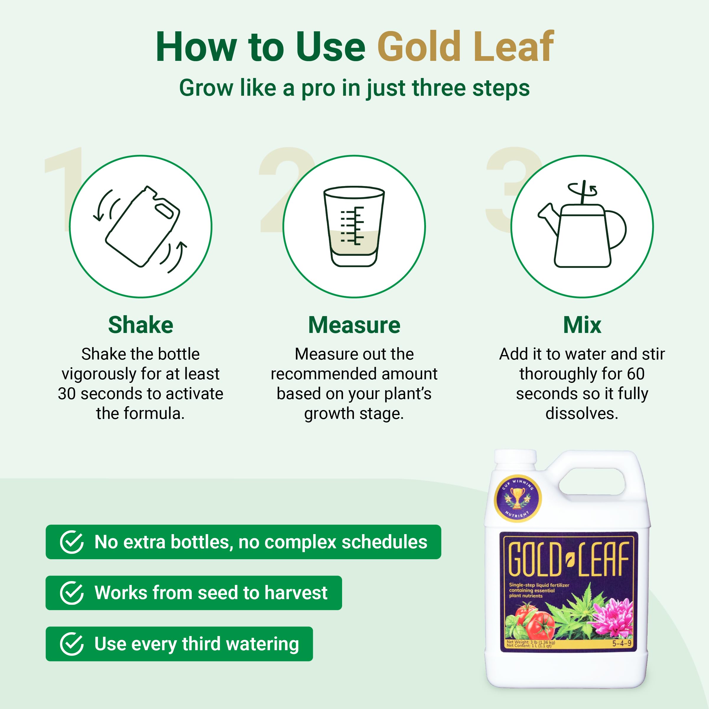 16.9 fl oz (500ml) Gold Leaf All-in-One Liquid Fertilizer | pH Balanced, Dechlorinates, No Additives Needed | Soil, Hydroponics, Coco | Complete Plant Food | Indoor & Outdoor, Tomatoes & Houseplants