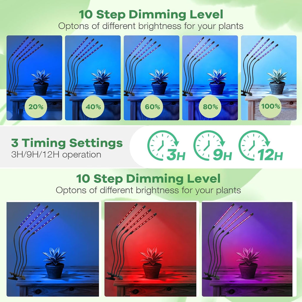 Led Grow Lights, 4 Heads Red Blue Plant Light with Clamp for Indoor Plants & Seed Starting, 10-Level Dimmable, Auto On Off, Timing 3 9 12Hrs