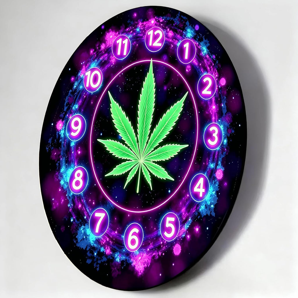 Neon Cosmic Cannabis Leaf Clock 2D Art Print Silent Wall Clock, 10/12 Inch, Battery Operated No Battery, Home Bedroom Office Decor
