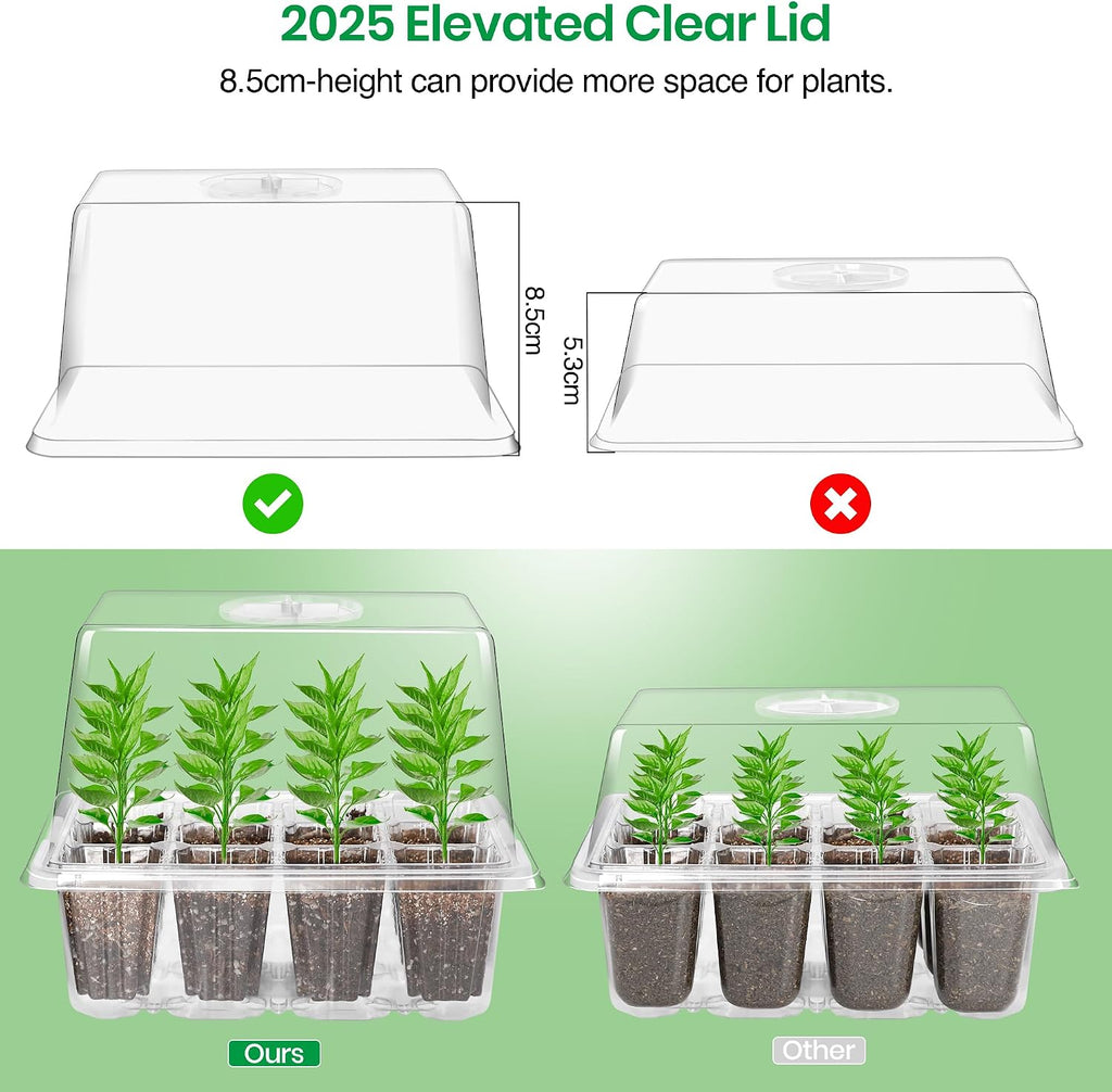 10-Pack Seed Starter Trays, Tall Dome, Base, 12-Cell Tray, Clear | 10 Seedling Kits with Tall Domes for Large Seed Starting. Adjustable Vents, Clear Trays & Heat Mat Compatibility, Indoor Use