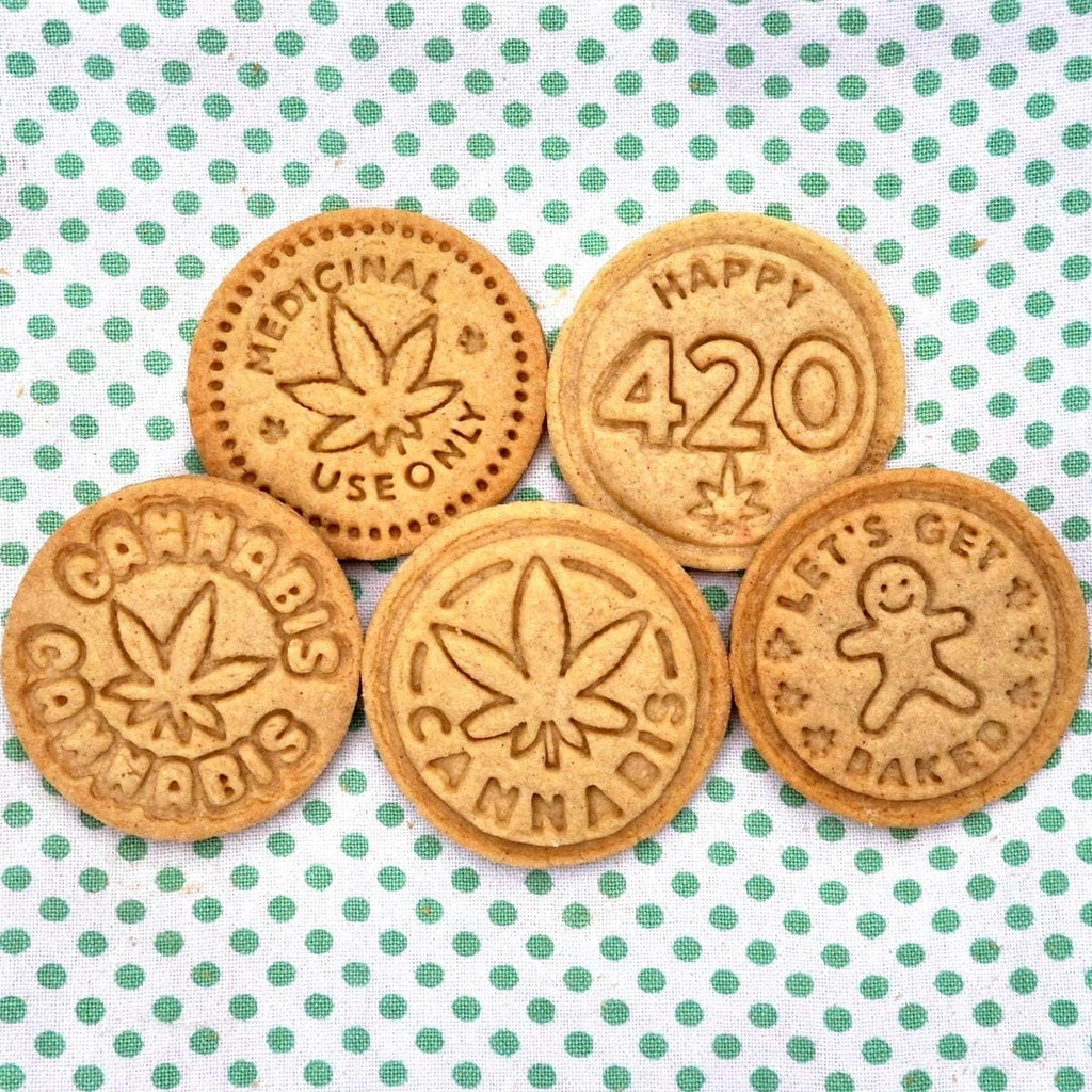 Marijuana Silicone Cookie Stamps, Stainless Steel Cookie Cutter, Wood Handle, Party Novelty Gift, 6 Stamp Set