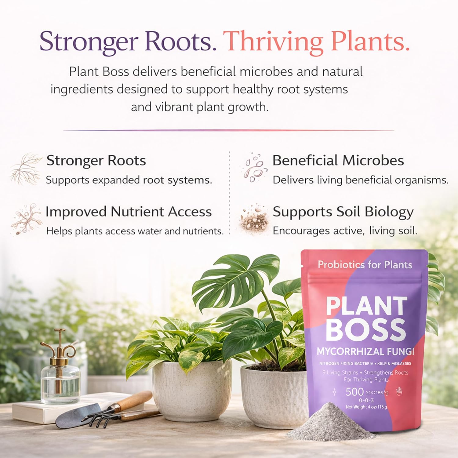 Plant Boss Mycorrhizal Fungi Root Booster – Premium Mycorrhizae for Houseplants, Flowers & Garden Plants – Improves Root Growth, Nutrient Uptake & Plant Health – 4 oz