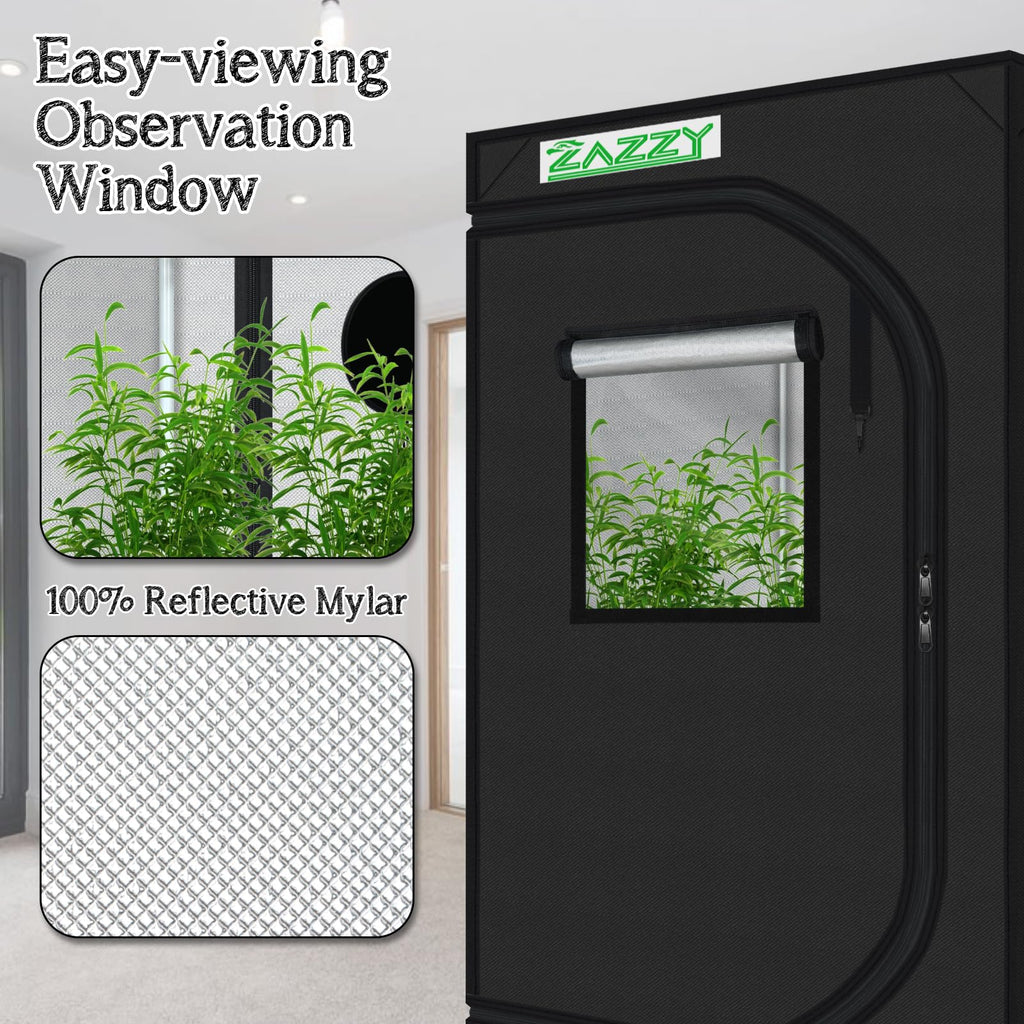 zazzy 3'X3' Grow Tent 32"x32"x63", High Reflective Mylar Growing Tent | Observation Window, Removable Floor Tray and Tool Bag for Planting Indoor Fruit Flower Veg