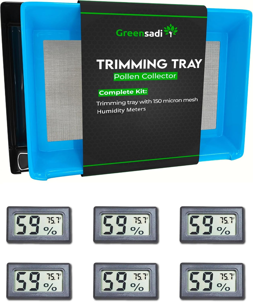 Trim Tray Bin – Durable, Premium Quality Set w/ 2-Tier Trimming Tray, 150 Micron Screen Harvest Trim Tray for sifting, Trim Bucket with Mini Hygrometers - Humidity Meters