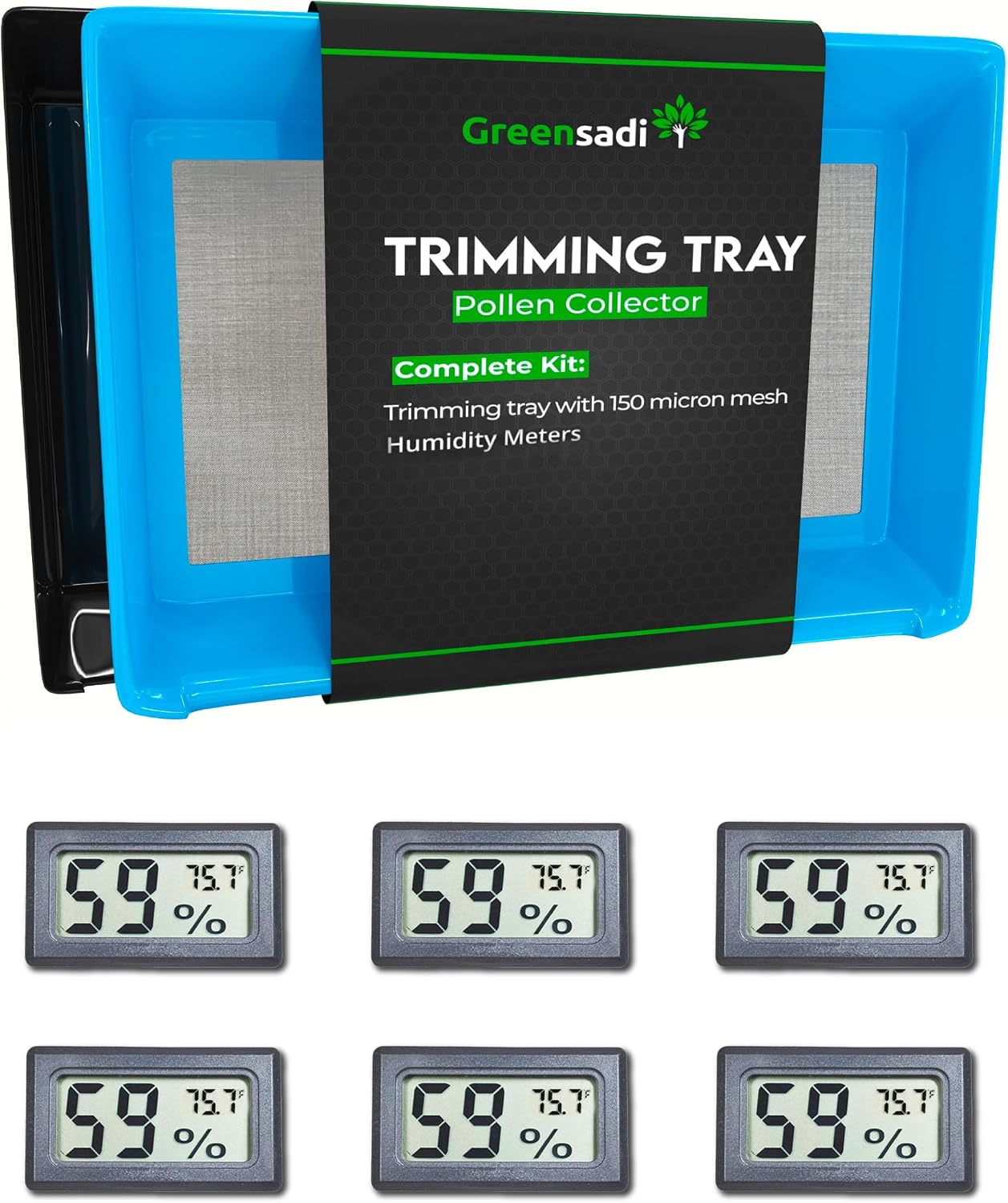 Trim Tray Bin – Durable, Premium Quality Set w/ 2-Tier Trimming Tray, 150 Micron Screen Harvest Trim Tray for sifting, Trim Bucket with Mini Hygrometers - Humidity Meters