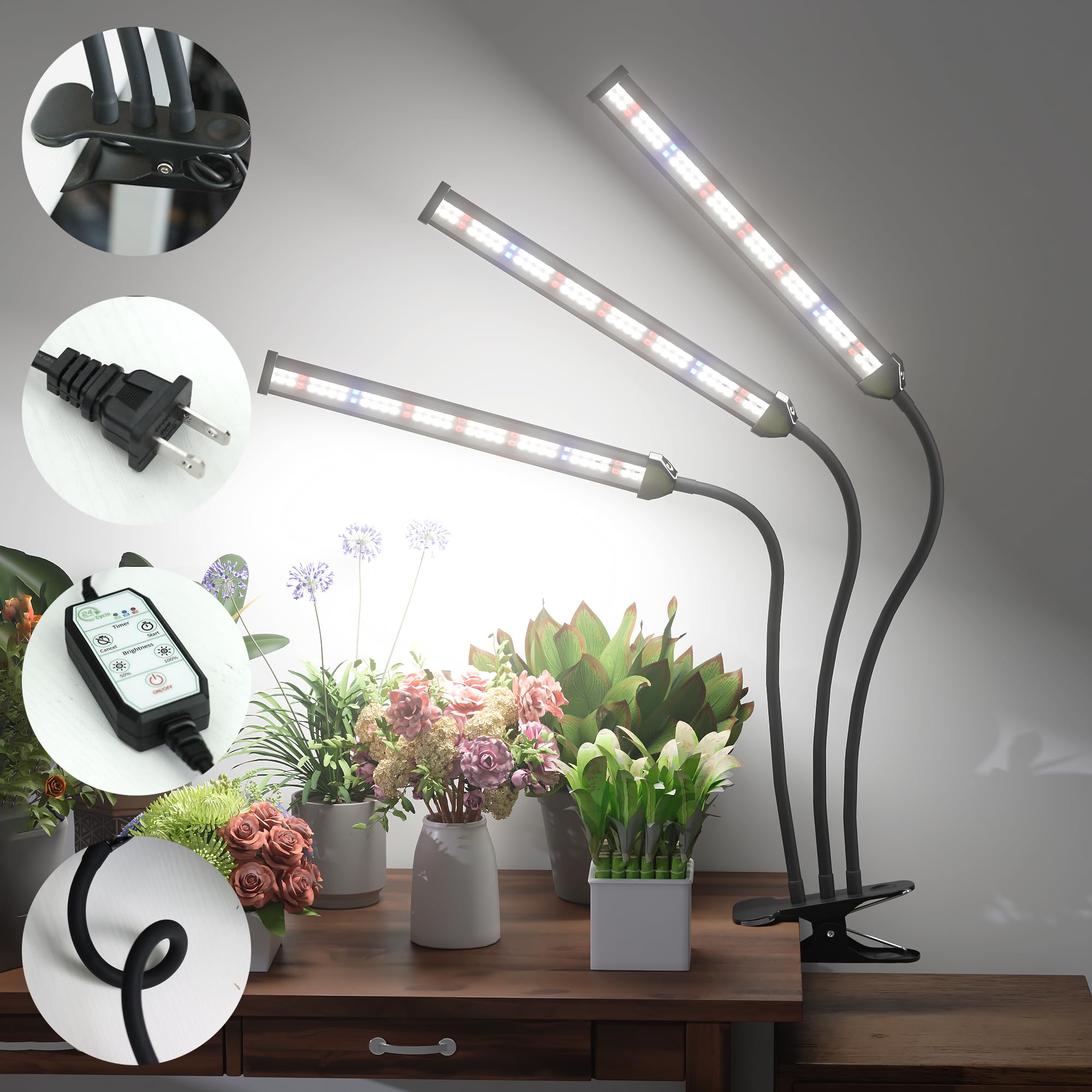 Grow Light,24W (160Watts Equiv) 5000K White Full Spectrum LED Growing Lamp Clip on Desk for Indoor Plants,Bulbs Replaceable & Non-dimmable (Black, 80Watts)