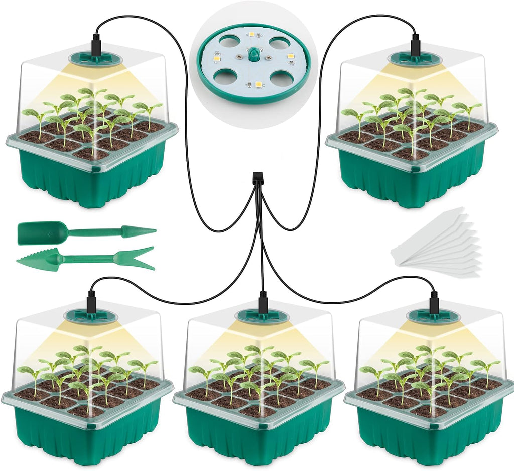 Seed Starter Tray with Grow Light, Seed Starter Kit, Plant Germination Starting Trays with Humidity Dome and Base for Greenhouse Grow Wheatgrass Hydroponic(12 Cells per Tray)