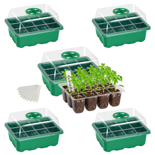 10-Pack Seed Starter Trays, Tall Dome, Base, 12-Cell Tray, Clear | 10 Seedling Kits with Tall Domes for Large Seed Starting. Adjustable Vents, Clear Trays & Heat Mat Compatibility, Indoor Use