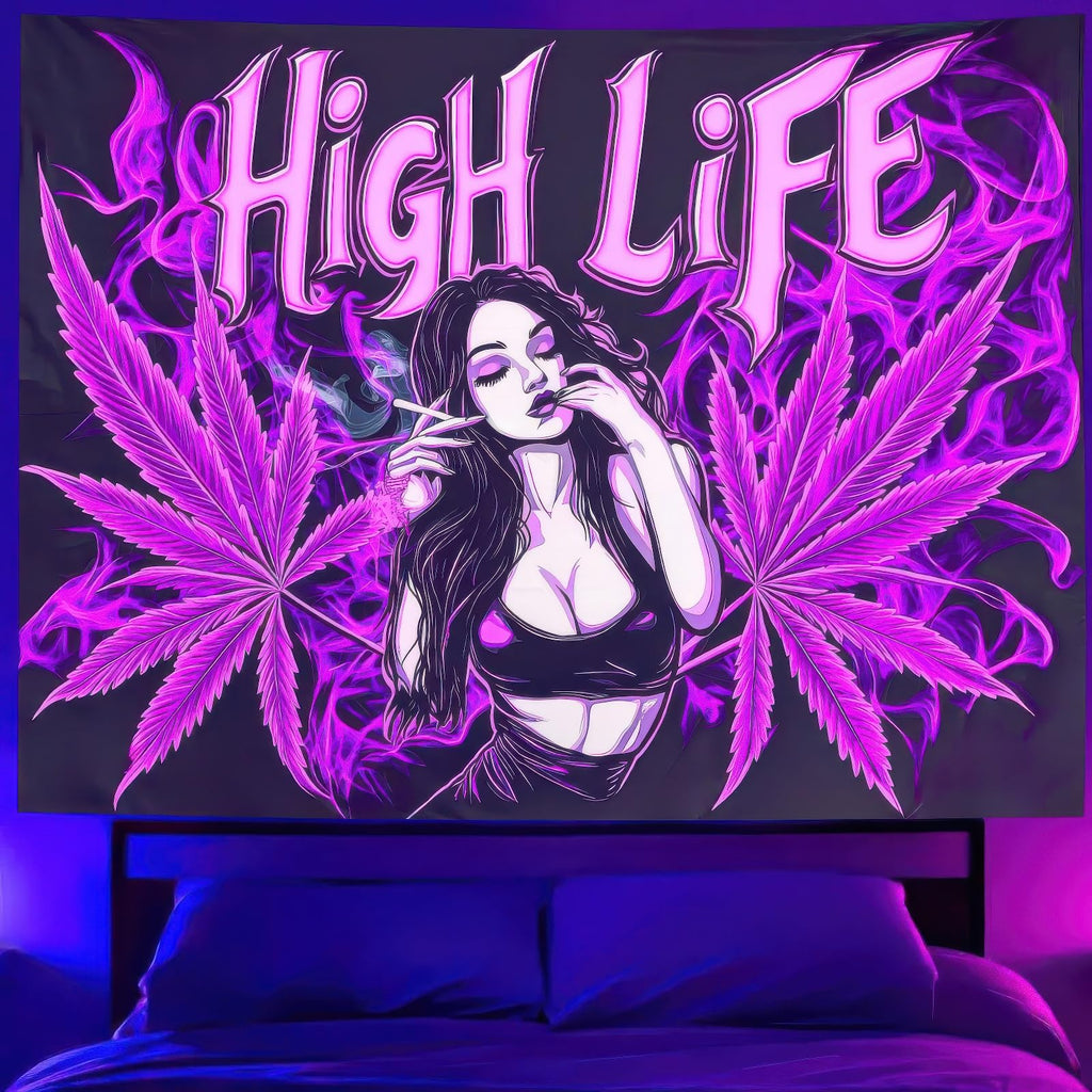 BlissYard Blacklight Tapestry Cannabis Leaf Bedroom Decor 78 x 59 Inch | Cannabis Leaf UV Wall Hanging Smoking Neon Backdrop for Bedroom Party Dorm Style
