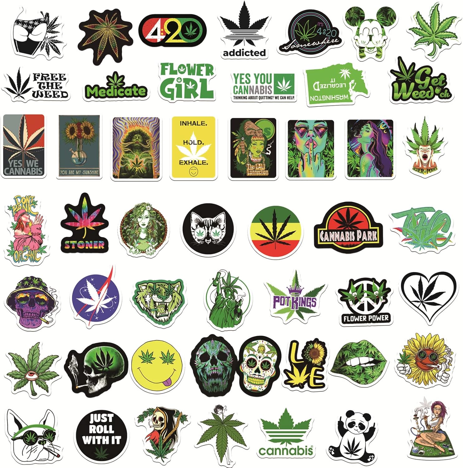 Weed Stickers for Adults, 50PCS Plant Vinyl Waterproof Marijuana Sticker Decals for Skateboard Water Bottles Bikes Luggage Etc.