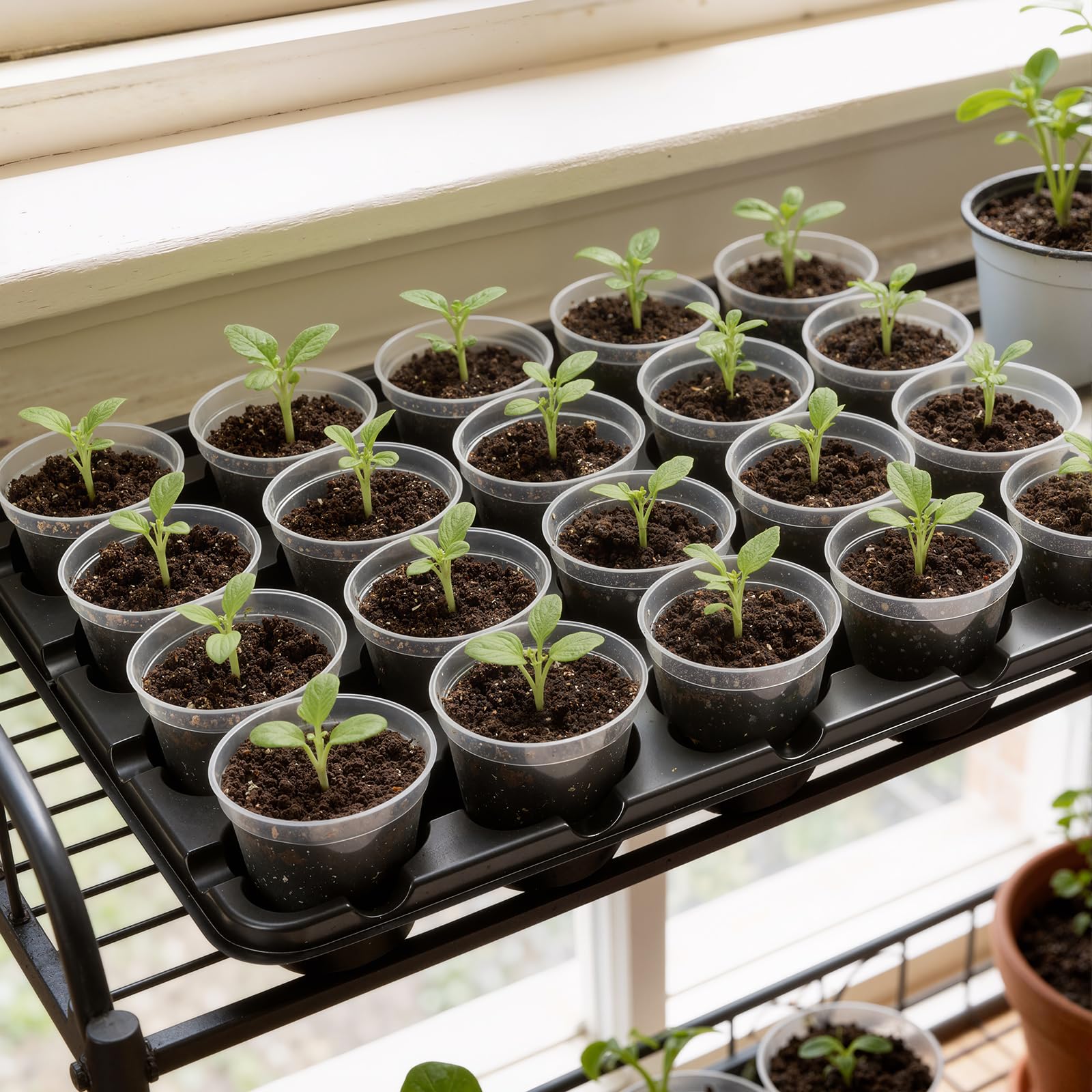 4 Pack 20 Cell Seed Starting Trays with 4 Vented Humidity Domes | Compatible with standard 3 inch nursery pots. Thick reusable trays have deep cells, raised bases and adjustable dome vents.