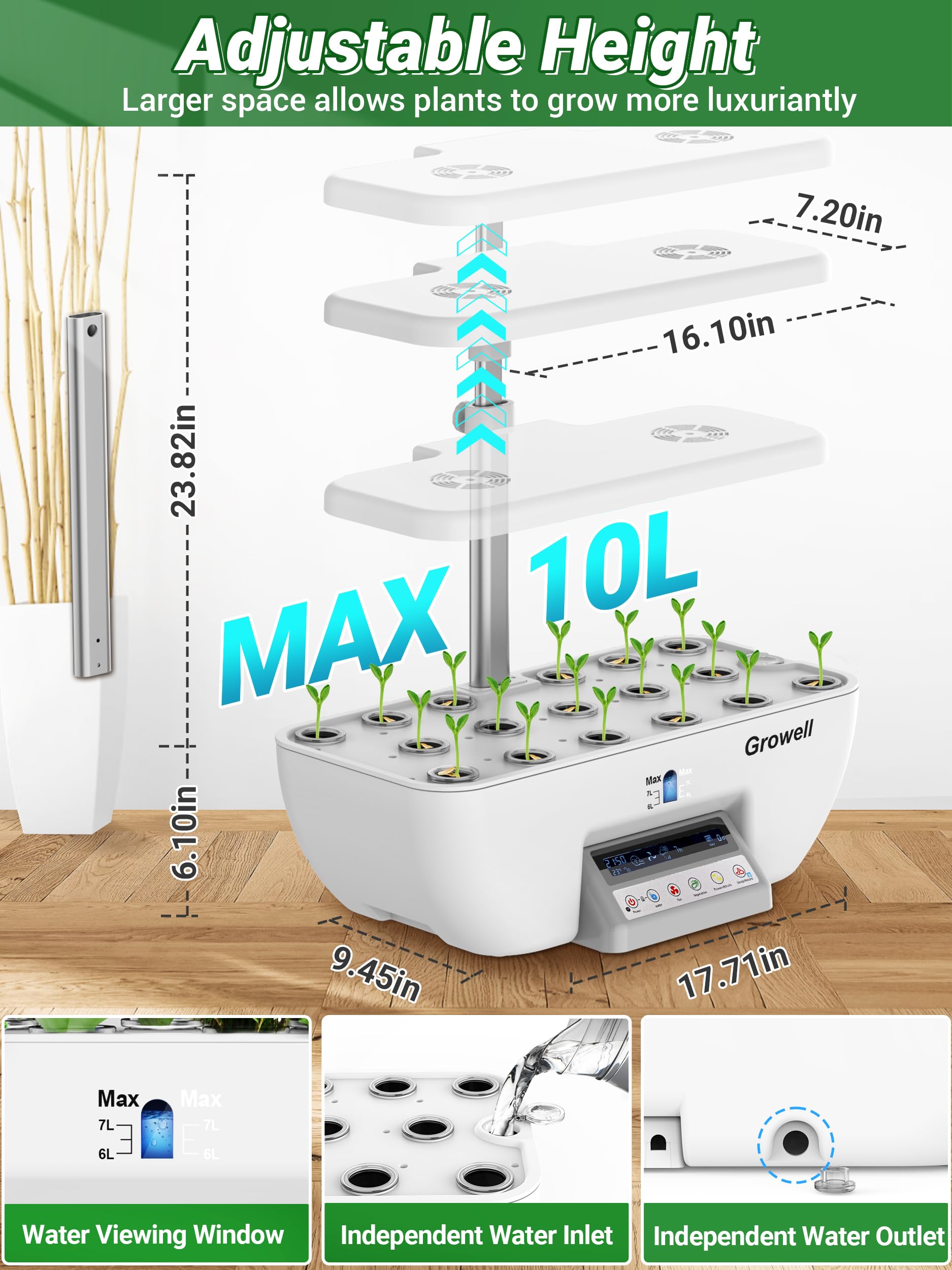 Growell Hydroponics Growing System Kit, 17 Pods Herb Garden with 102 28W Full-Spectrum Grow Lights & 2 Fans, Indoor Garden with Water Pump, 10L Water Tank, Auto Timer, Height Adjustable (Black & Grey)