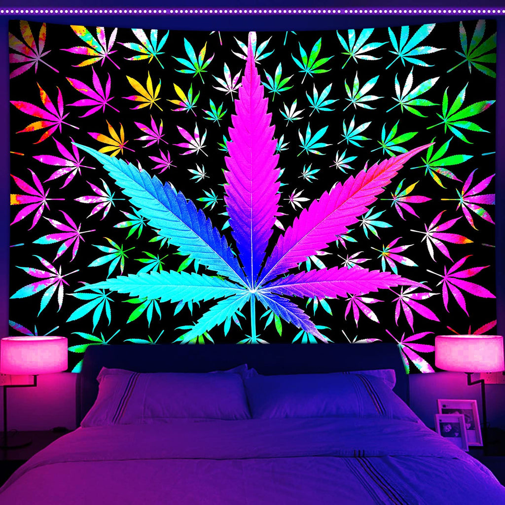 VEIGIKE Cool Trippy Weed Tapestry, Neon Tie Dye Marijuana Leaf Cannabis Art Tapestry Wall Hanging for Men Bedroom, Colourful Blacklight Tapestries Poster Blanket College Dorm Home Decor (90X70)