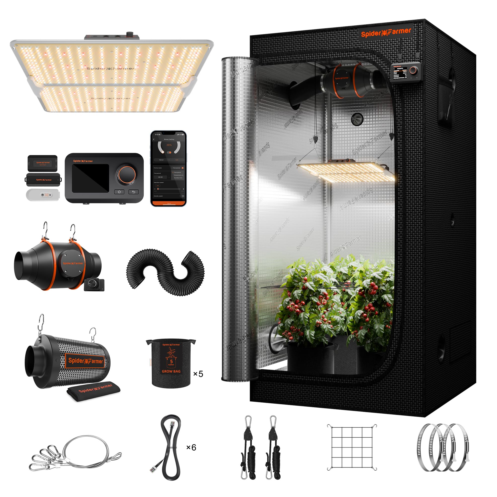 Spider Farmer Grow Tent Kit 2.3 X 2.3ft Complete System with GGS Controller | G1500 150W Dimmable Full Spectrum LED Grow Light, 28"X28"X63" Indoor 1680D Mylar Grow Tent, 4" Ventilation Carbon Filter Set
