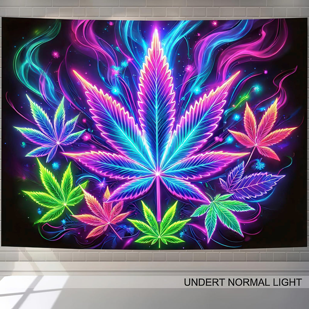 BlissYard Blacklight Tapestry Cannabis Leaf Bedroom Decor 78 x 59 Inch | Cannabis Leaf UV Wall Hanging Smoking Neon Backdrop for Bedroom Party Dorm Style