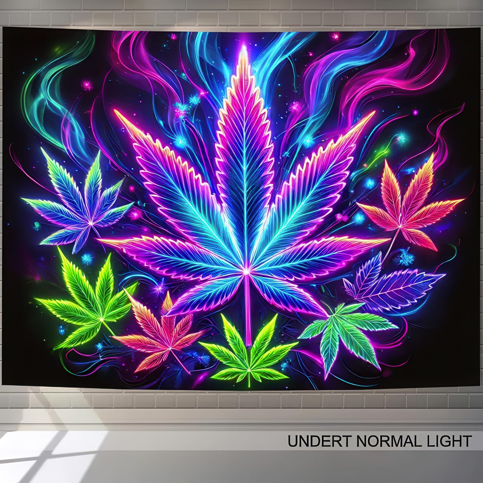 BlissYard Blacklight Tapestry Cannabis Leaf Bedroom Decor 78 x 59 Inch | Cannabis Leaf UV Wall Hanging Smoking Neon Backdrop for Bedroom Party Dorm Style