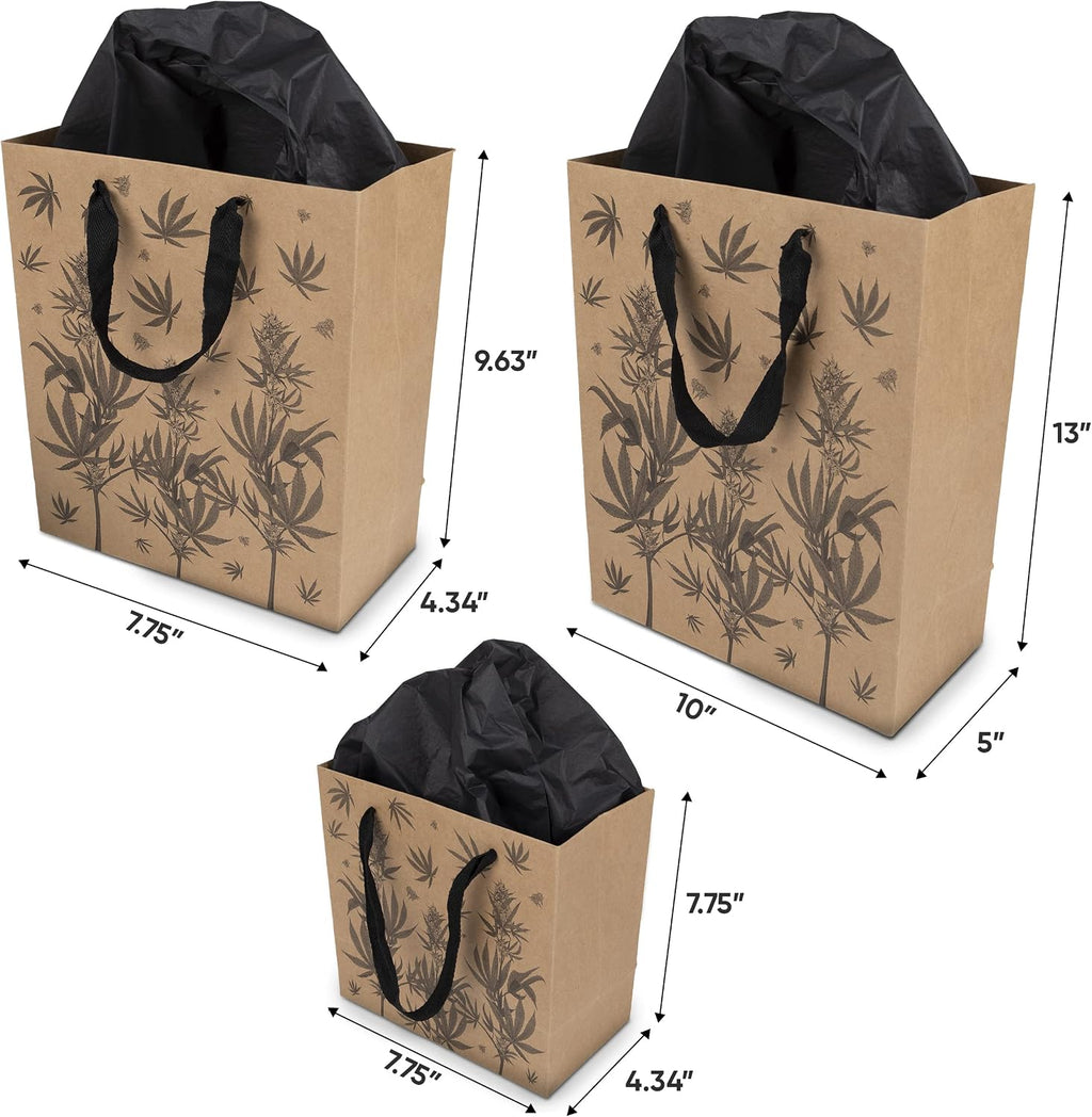 Cannabis Gift Bags – 3-Pack Weed Gift Bags with Tissue Paper – Marijuana Themed 420 Party Bags, Kraft Paper with Cotton Handles, Botanical Leaf Design – Stoner Birthday Gift or Cannabis Gift Wrap