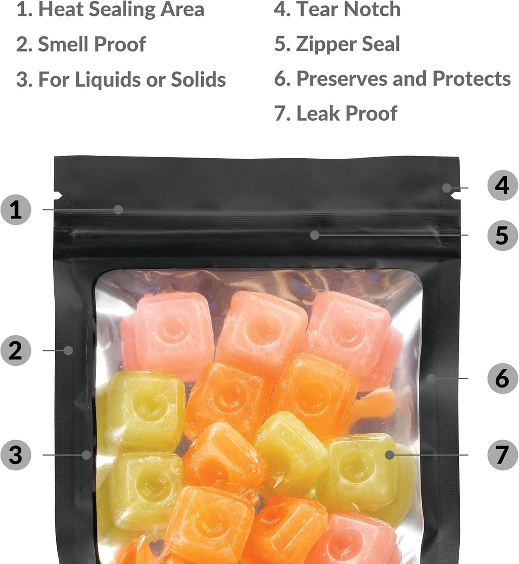 Mylar Bags with Zipper Seal 4 x 6" | 100 Bags | Black | Resealable Heat Seal Bags for Candy and Food Packaging, Medications and Vitamins | For Liquid and Solids (Black, 4" x 6")