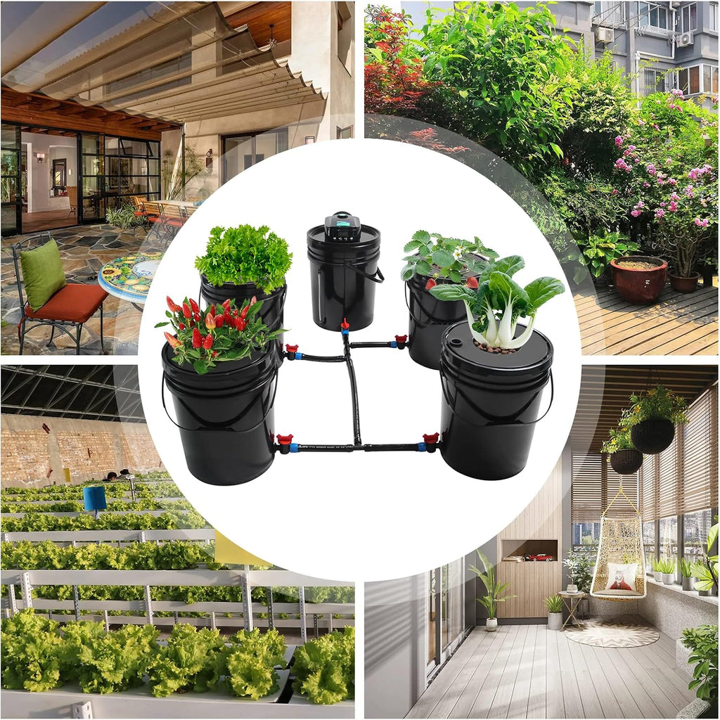 DWC Hydroponic Growing System, 5-Gallon Deep Water Culture, Deep Culture Growing Kit with 5 Buckets, Pump, Air Stone and Water Level Device, for Indoor/Outdoor Leafy Vegetables