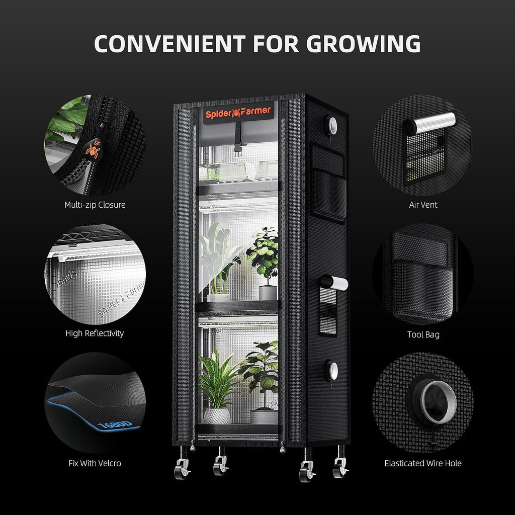 Spider Farmer 4 Tier Mini Greenhouse Plant Shelf with Grow Lights Indoor | 60W Full Spectrum LED Grow Lights, Grow Tent Cover with Visual Curtain and Blackout Curtain, Waterproof Trays, Movable Wheels