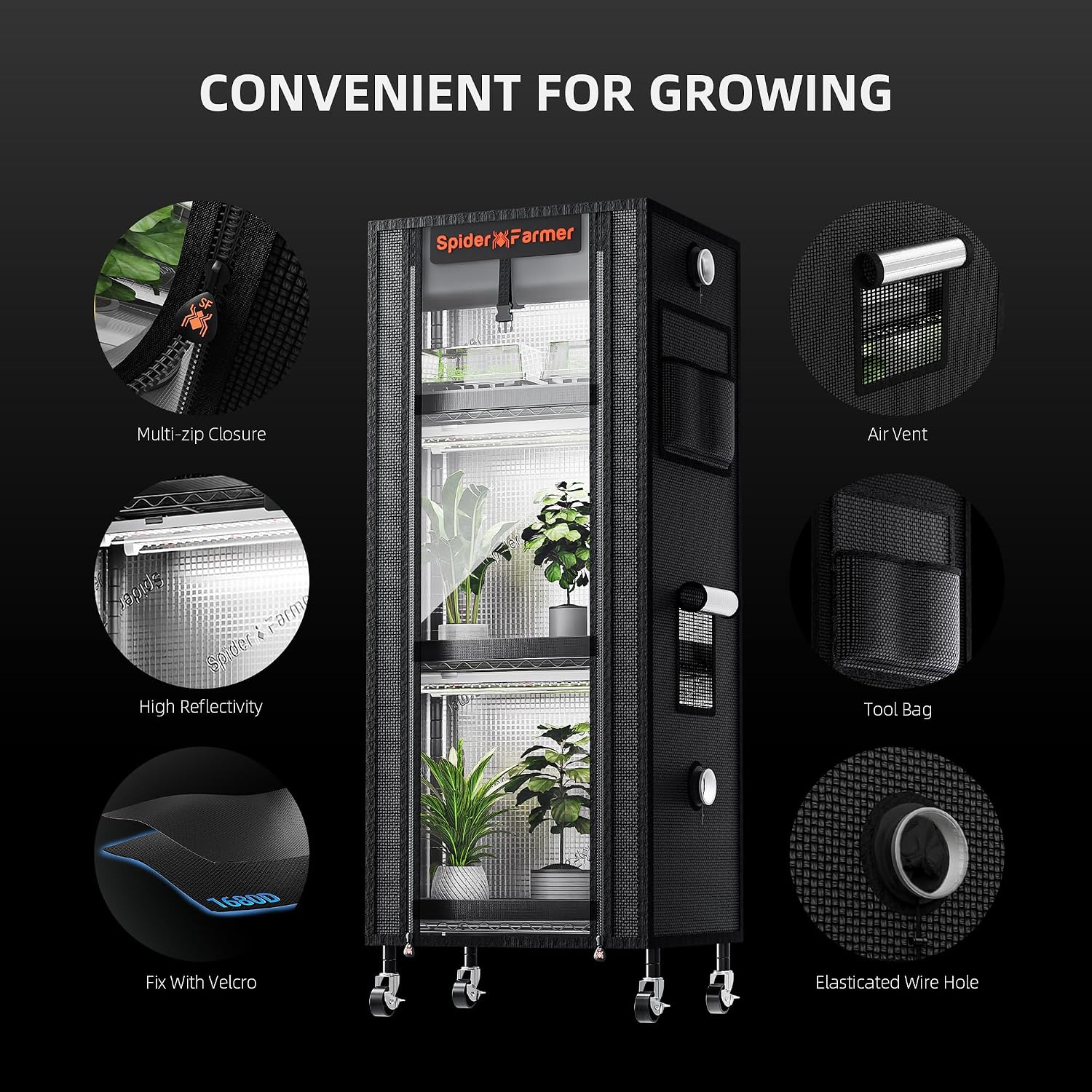 Spider Farmer 4 Tier Mini Greenhouse Plant Shelf with Grow Lights Indoor | 60W Full Spectrum LED Grow Lights, Grow Tent Cover with Visual Curtain and Blackout Curtain, Waterproof Trays, Movable Wheels