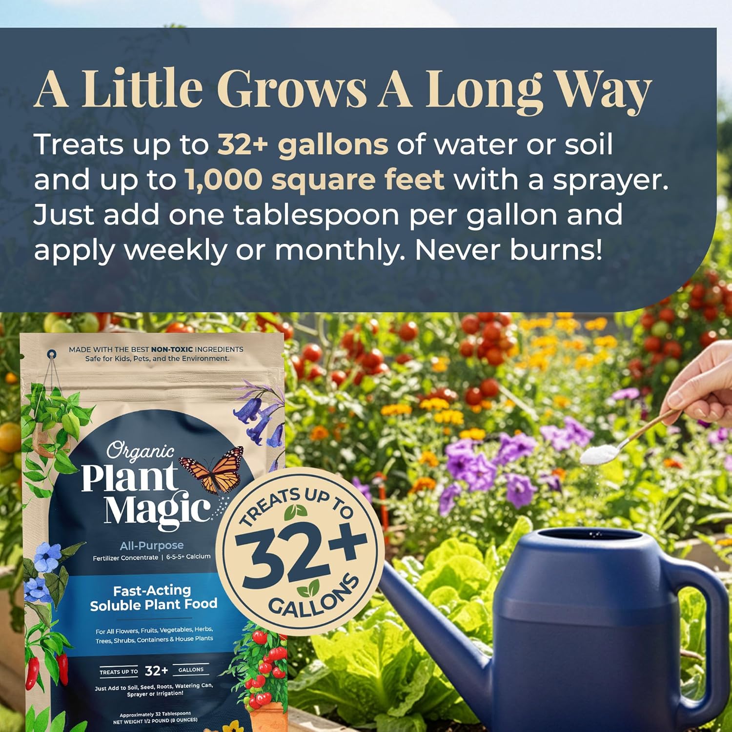 Organic Plant Magic Fertilizer & Plant Food for House Plants & Garden 1/2lb | Makes 32+ Gal of Organic Water Soluble Fertilizer for Plant Growth use on Vegetables, Flowers, Gardens & Indoor House Plants