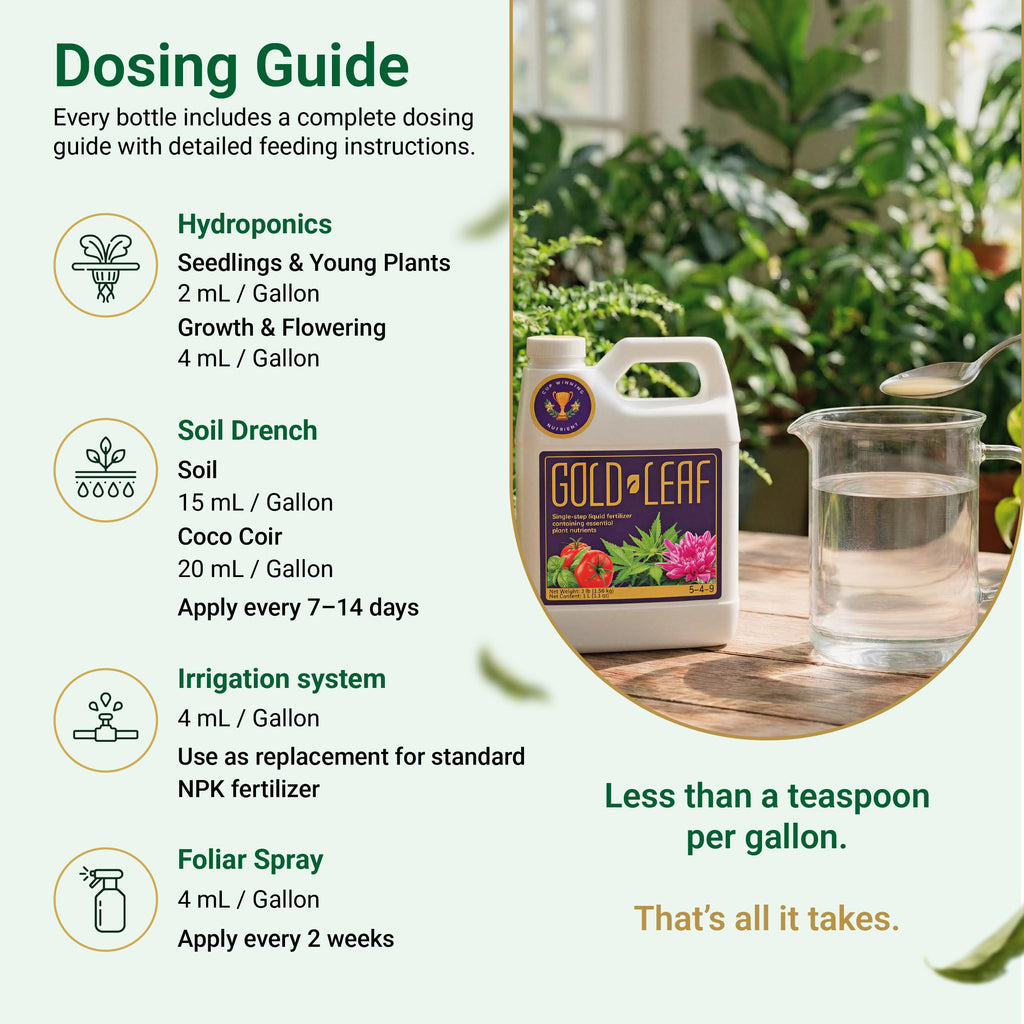 16.9 fl oz (500ml) Gold Leaf All-in-One Liquid Fertilizer | pH Balanced, Dechlorinates, No Additives Needed | Soil, Hydroponics, Coco | Complete Plant Food | Indoor & Outdoor, Tomatoes & Houseplants