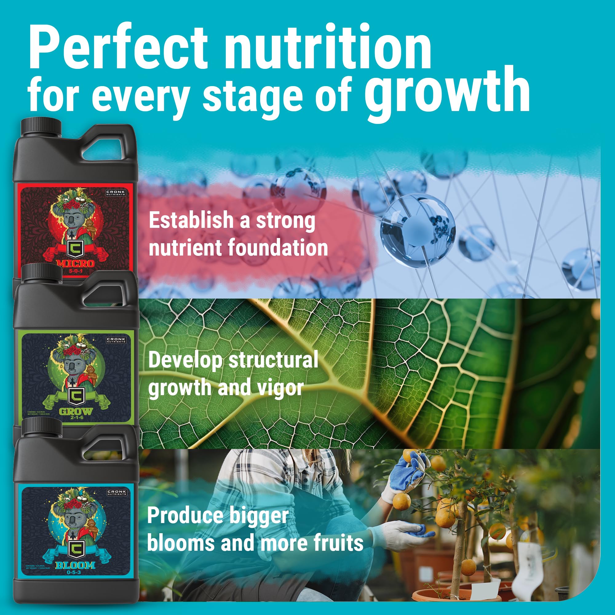 Cronk Nutrients 3-Part Kit: Micro, Grow & Bloom Base Fertilizers, 3 x 1L | Optimal Indoor & Outdoor Plant Growth - Hydroponics, Soil, Soilless Gardens - Supports Abundant Blooms