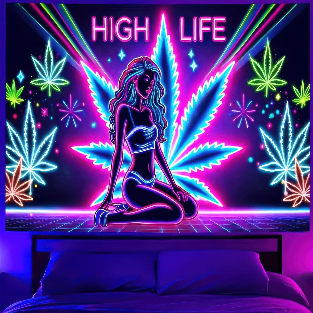 BlissYard Blacklight Tapestry Cannabis Leaf Bedroom Decor 78 x 59 Inch | Cannabis Leaf UV Wall Hanging Smoking Neon Backdrop for Bedroom Party Dorm Style
