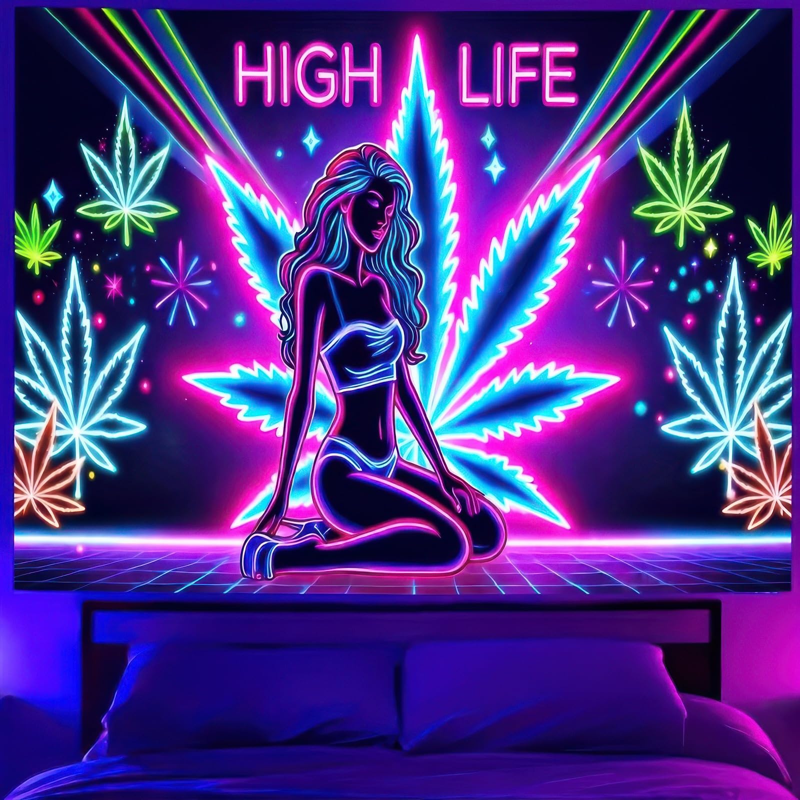 BlissYard Blacklight Tapestry Cannabis Leaf Bedroom Decor 78 x 59 Inch | Cannabis Leaf UV Wall Hanging Smoking Neon Backdrop for Bedroom Party Dorm Style