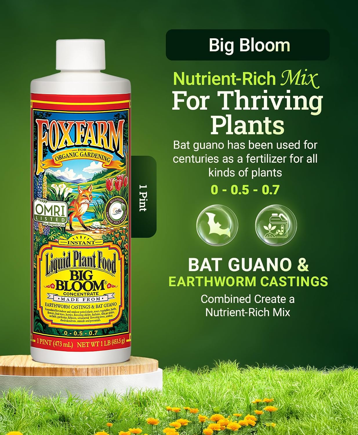Fox Farm Big Bloom Liquid Plant Food - Organic Bloom Fertilizer for Flowering & Fruiting Plants, Contains Earthworm Castings & Bat Guano - Supports All Stages of Plant Growth - 0-0.5-0.7 NPK, 1 Pint